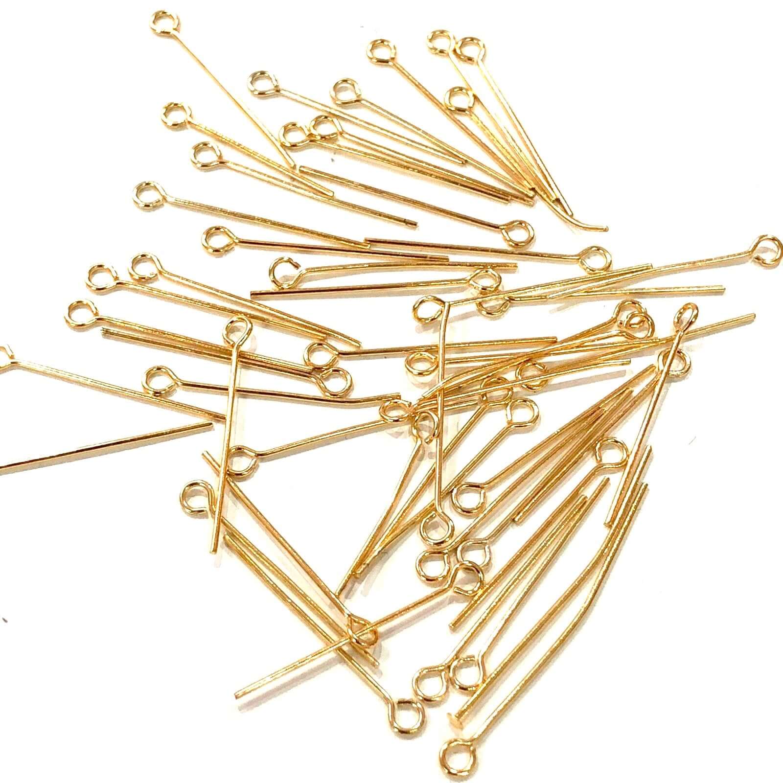 20mm 22Kt Gold Plated Brass Eyepins, 0.8mm by 20mm, 20mm Brass EyePins
