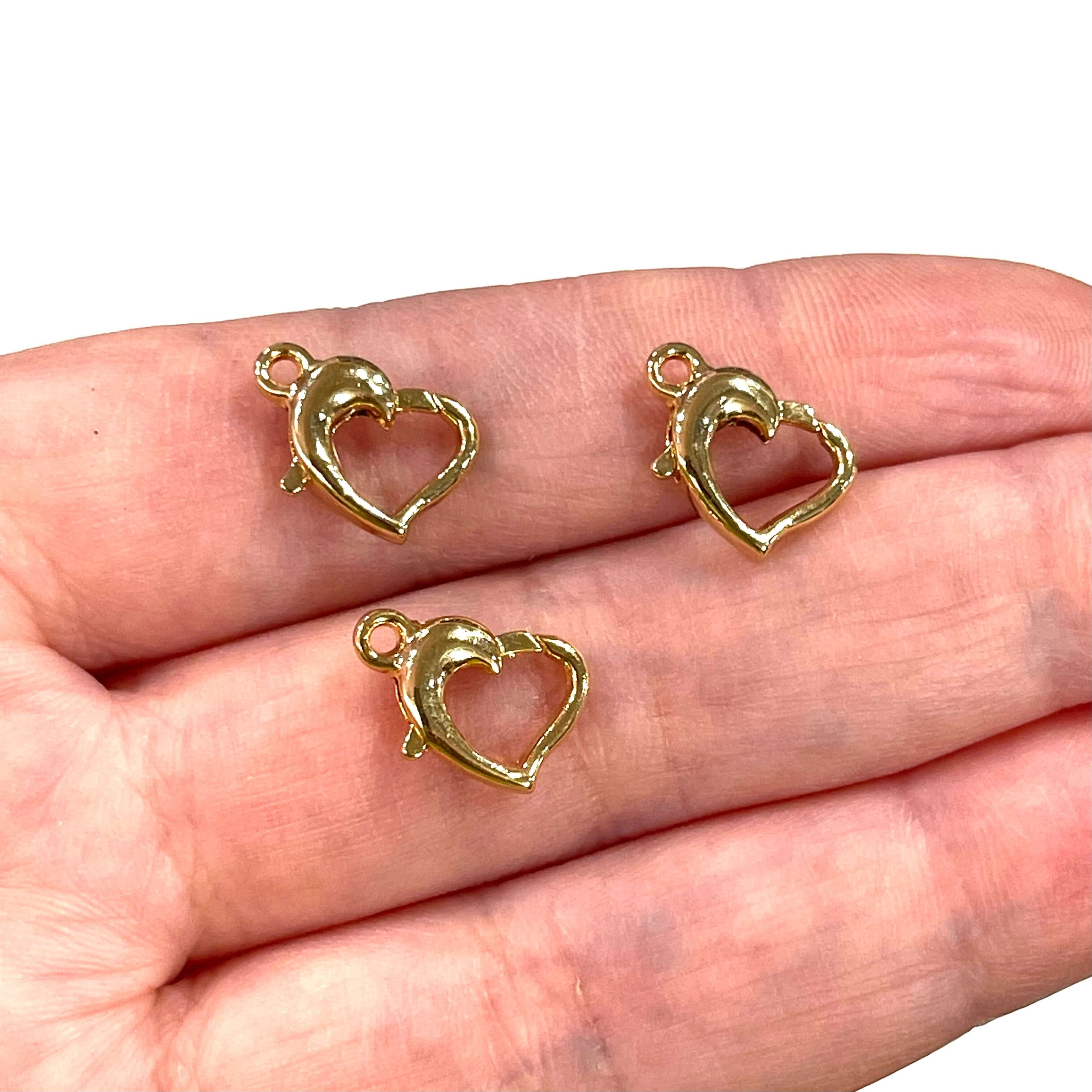 24K Shiny Gold Plated Heart Shape Lobster Clasps, 3 pcs in a pack