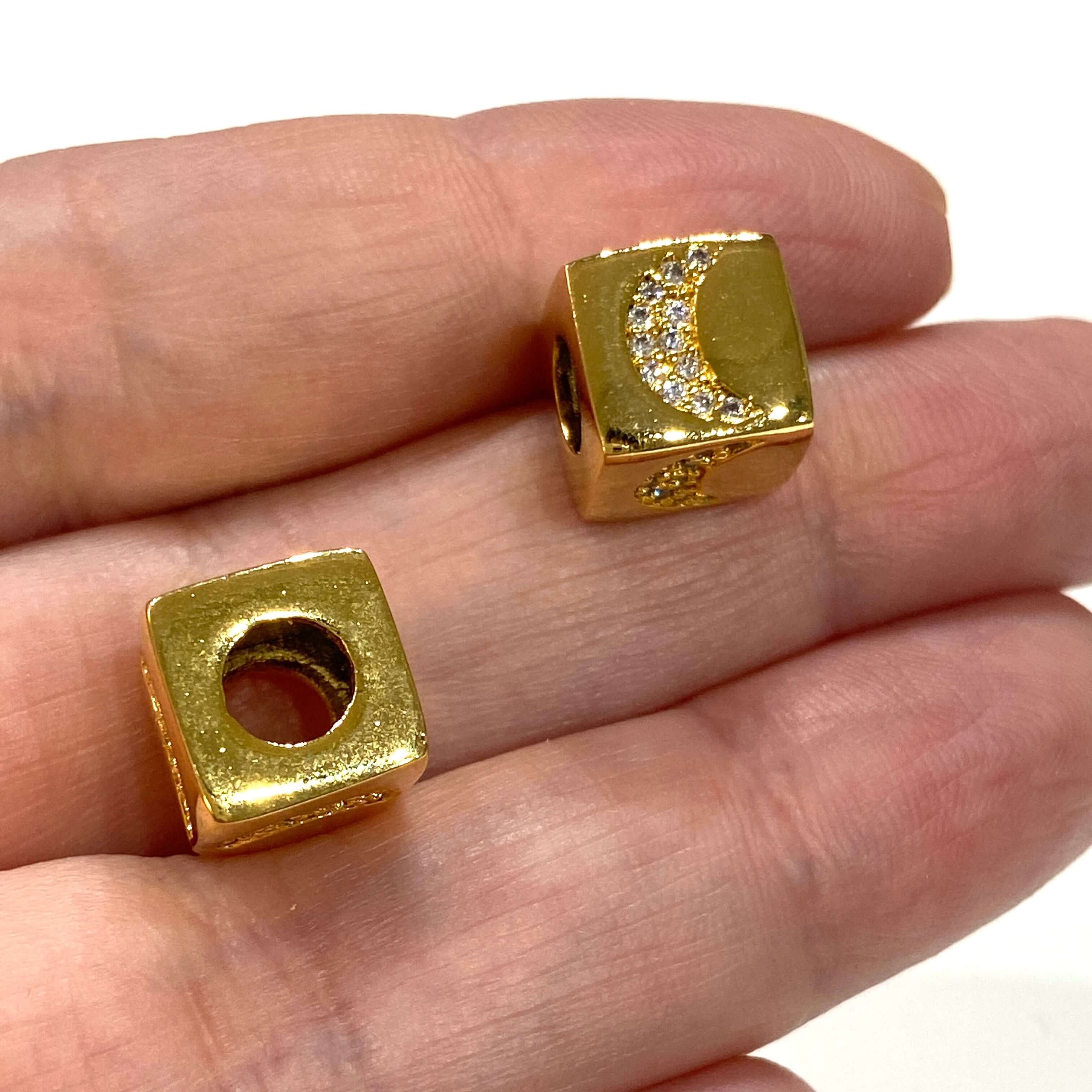 24Kt Gold Plated Brass 10mm Crescent 4 Sided Micro Pave Charm, Large Hole Pandora Crescent Gold Spacer - Image 3