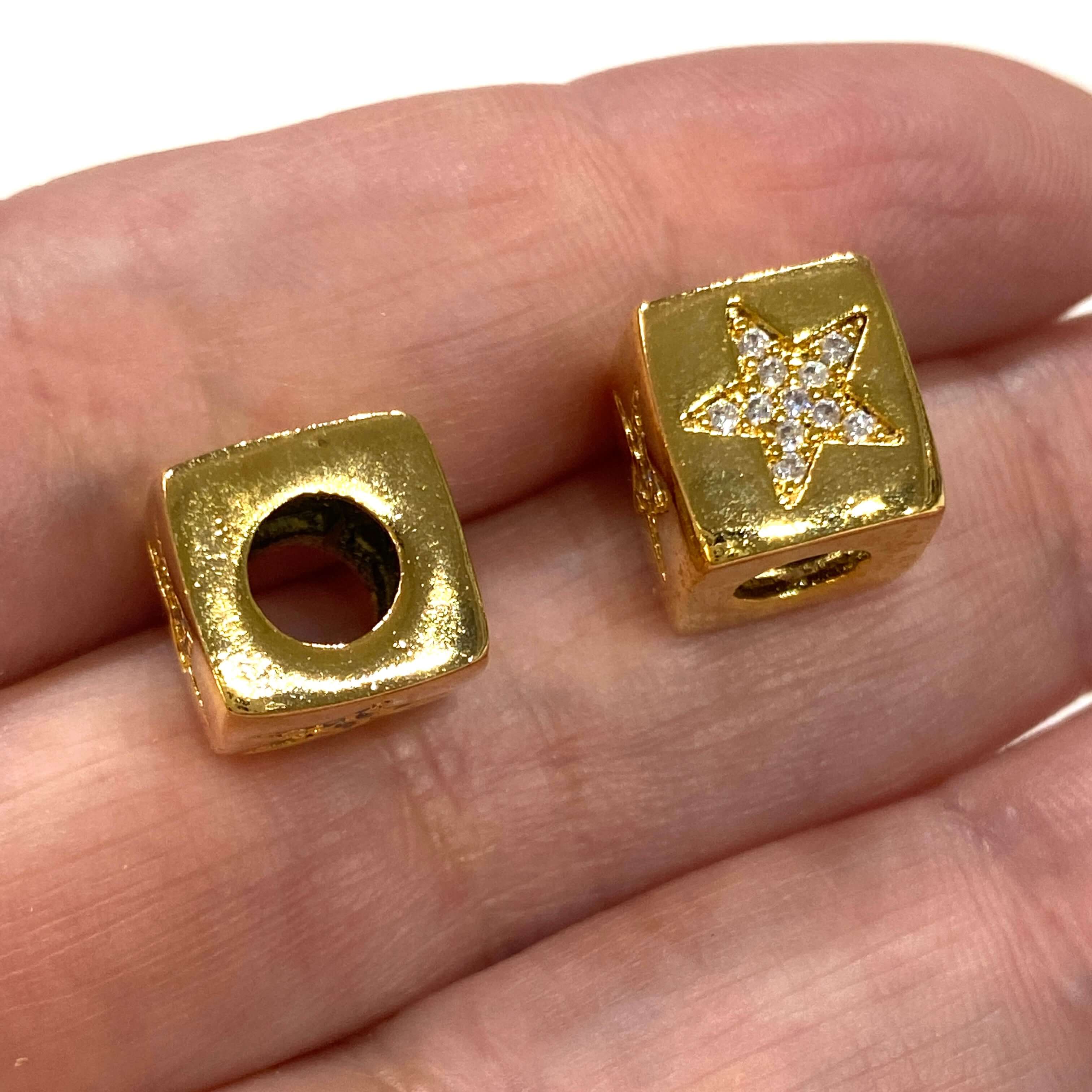 24Kt Gold Plated Brass 10mm Star 4 Sided Micro Pave Spacer Charm, Large Hole Pandora Star Gold Spacer - Image 3