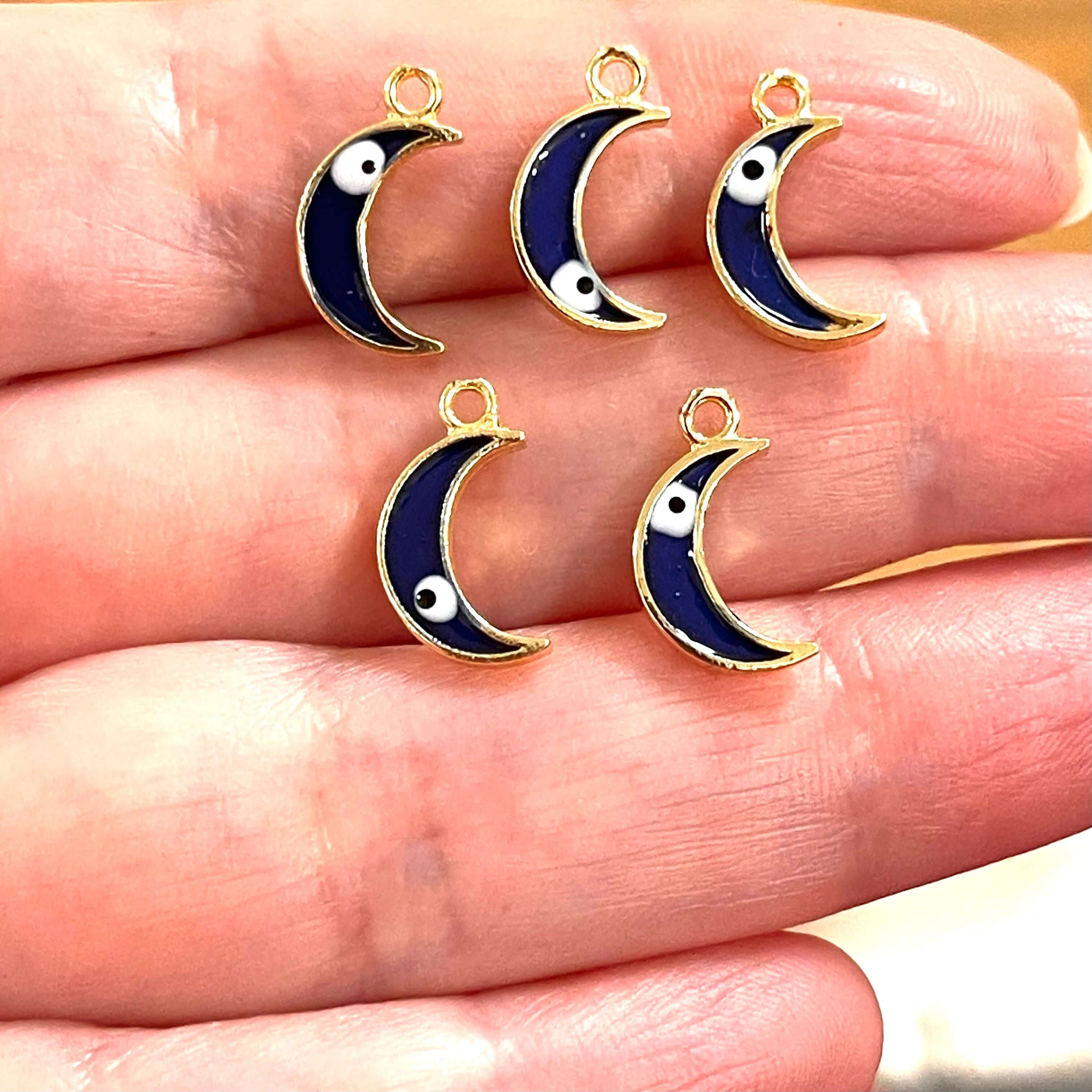 24Kt Gold Plated Brass Crescent Charms With Eye, Gold Plated Navy Blue Crescent Enamelled Charms, 5 pcs in a pack
