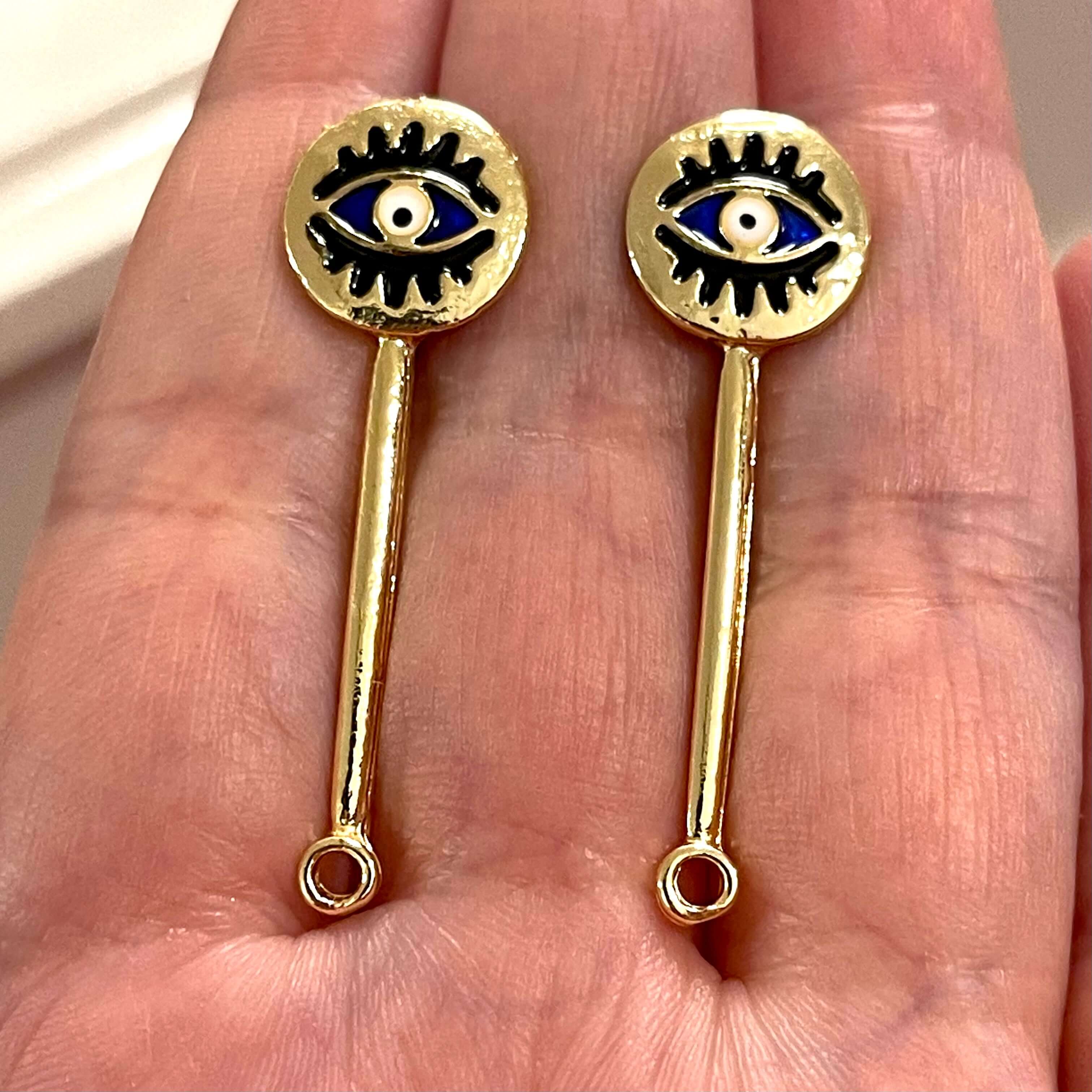 24Kt Gold Plated Brass Evil Earrings, Pair of Gold Plated Brass Navy Blue Enamelled Earring with Rubber Backs - Image 3