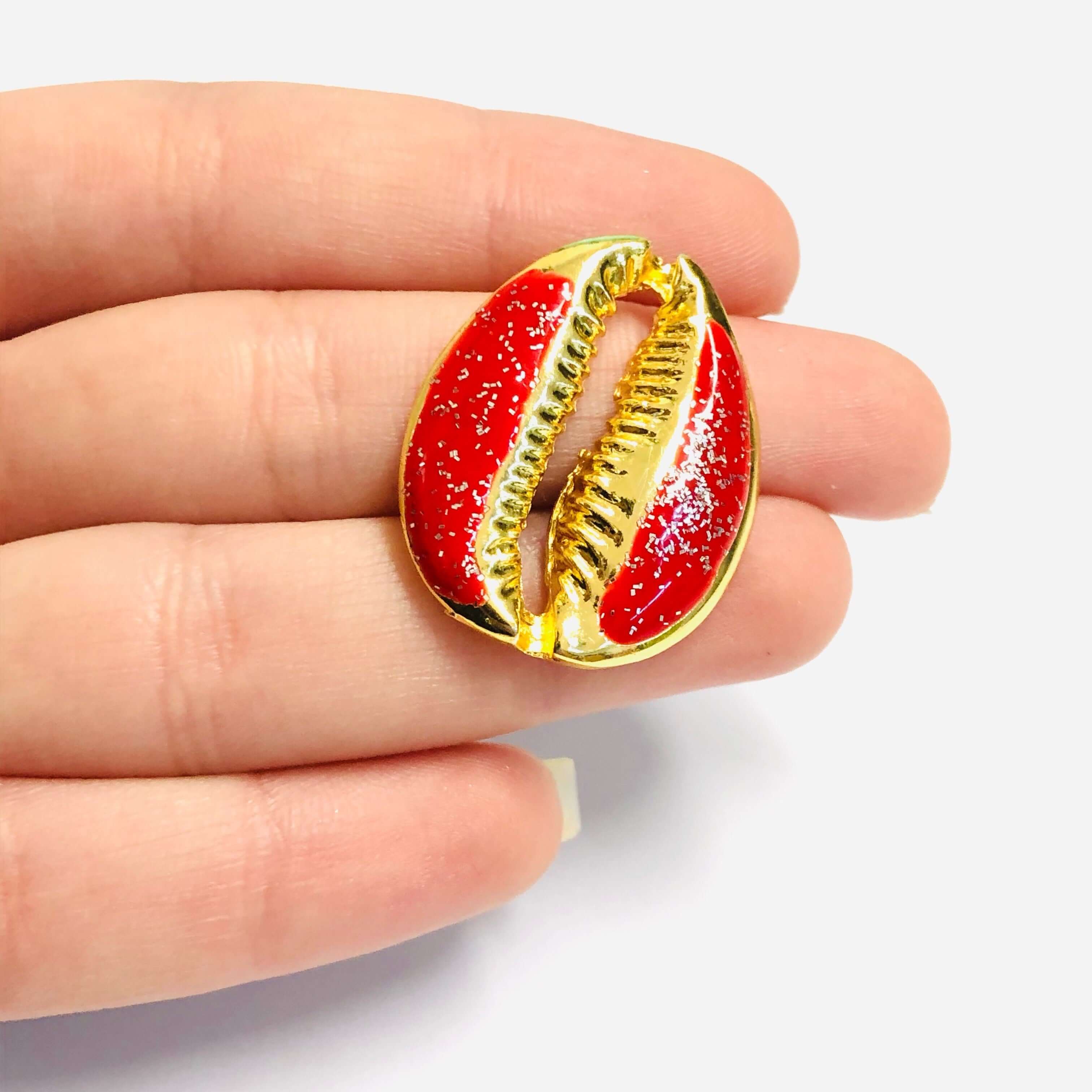 24Kt Gold Plated Brass Glitter Red Enamelled Cowrie Charm, 30x24mm