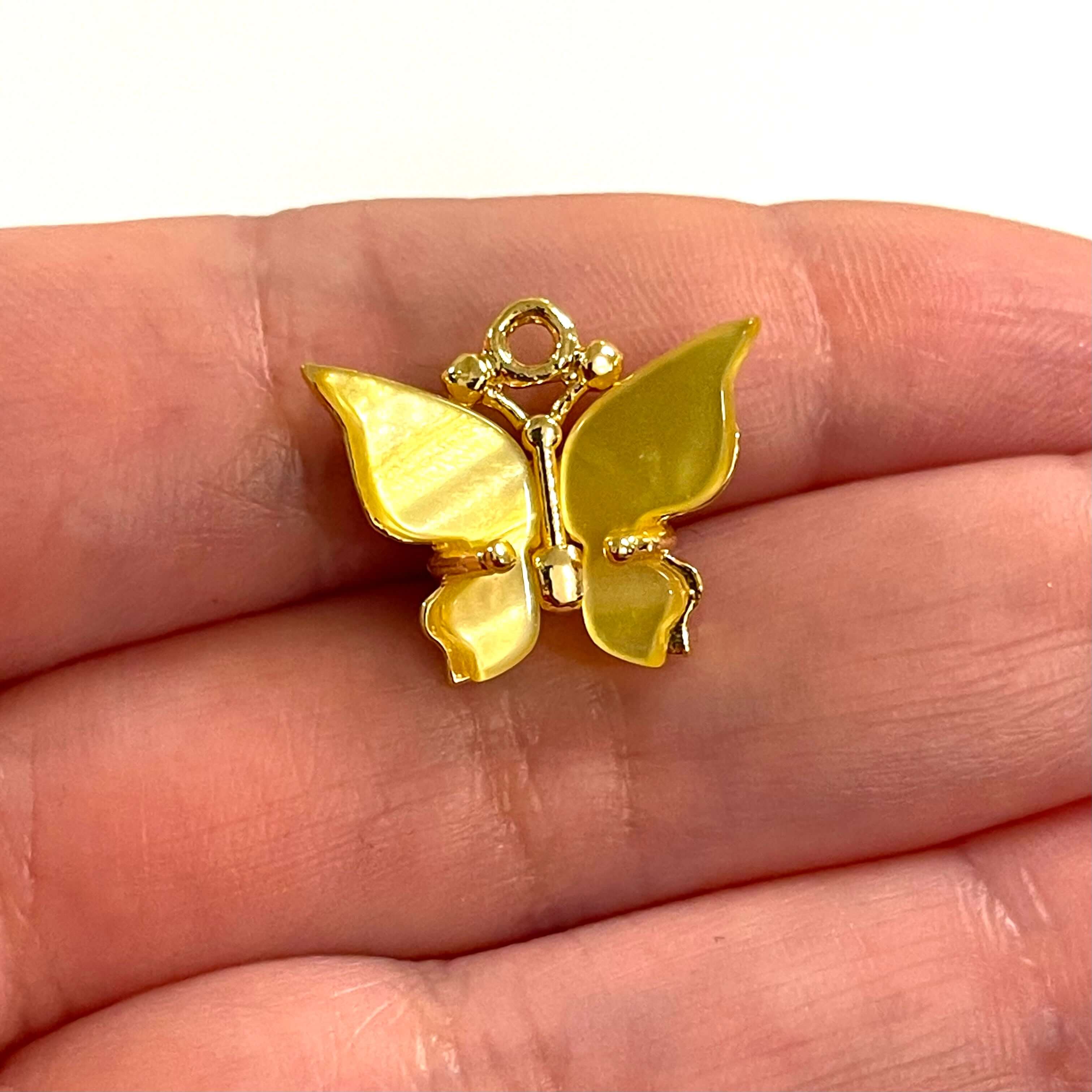 24Kt Gold Plated Brass Hand Made Yellow Resin Butterfly Charms, 20x16mm