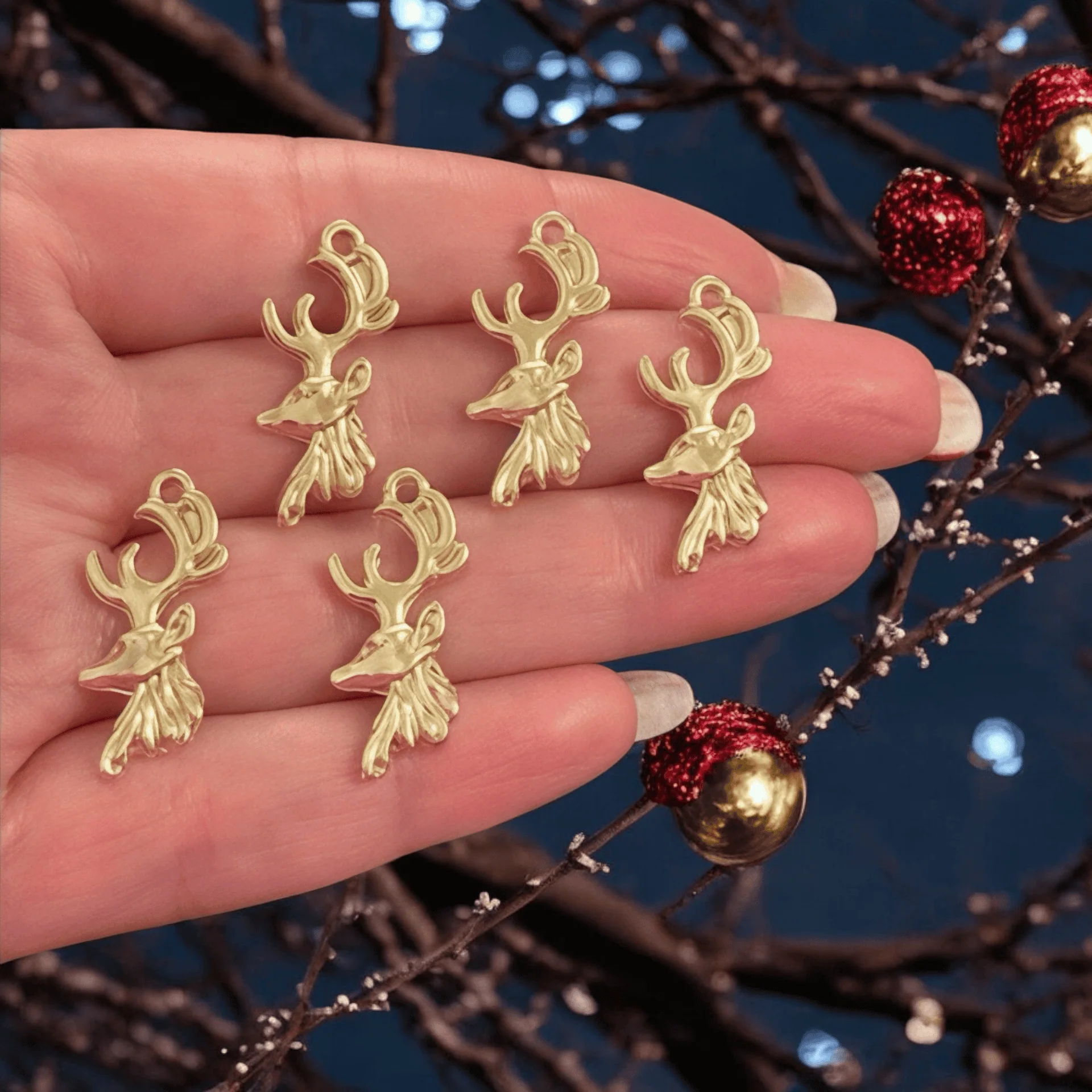 24Kt Gold Plated Christmas Reindeer Charms, 5 pcs in a pack, Christmas Collection Charms