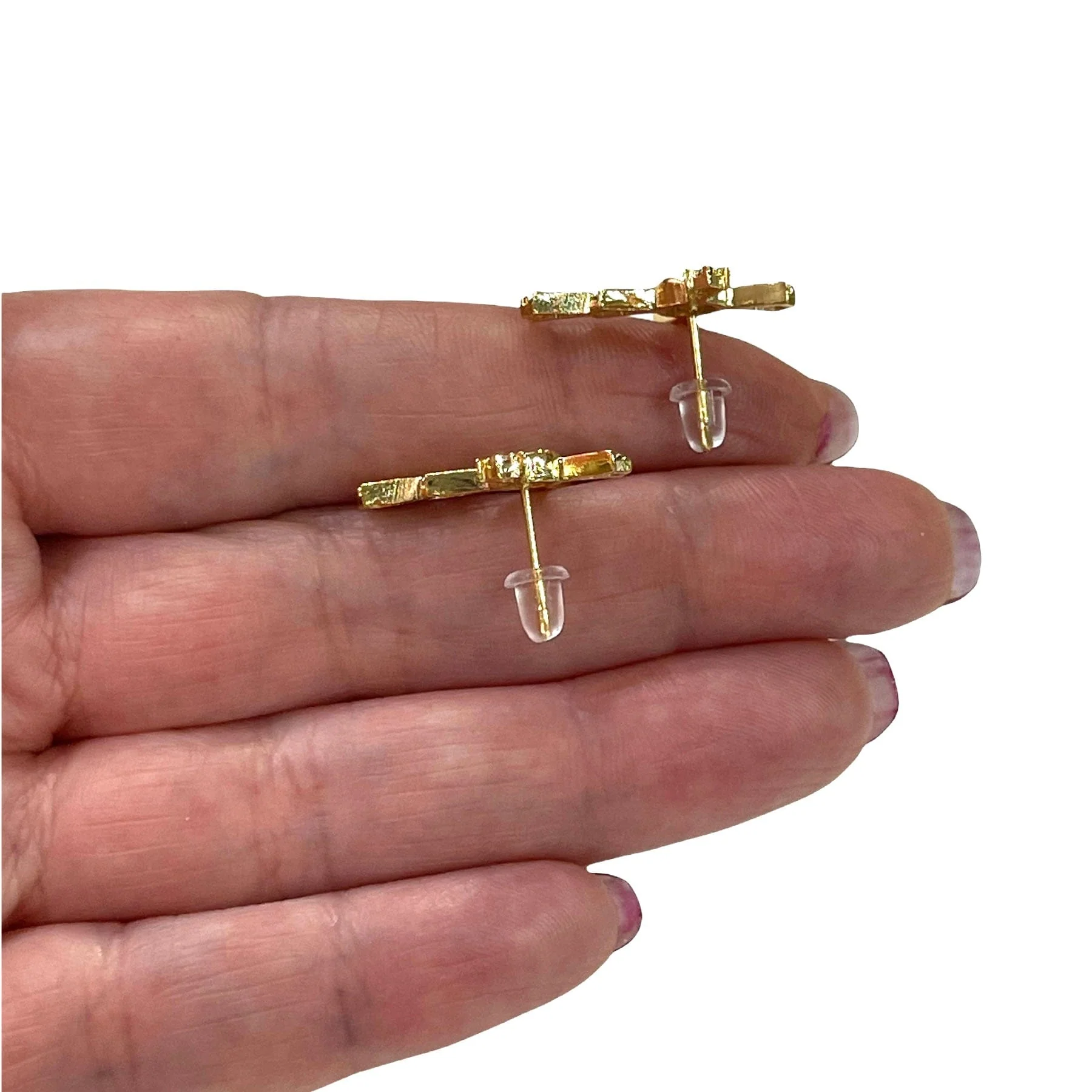24Kt Gold Plated CZ Micro Pave Cross Stud Earrings, Rubber Earring Backs Included - Image 2