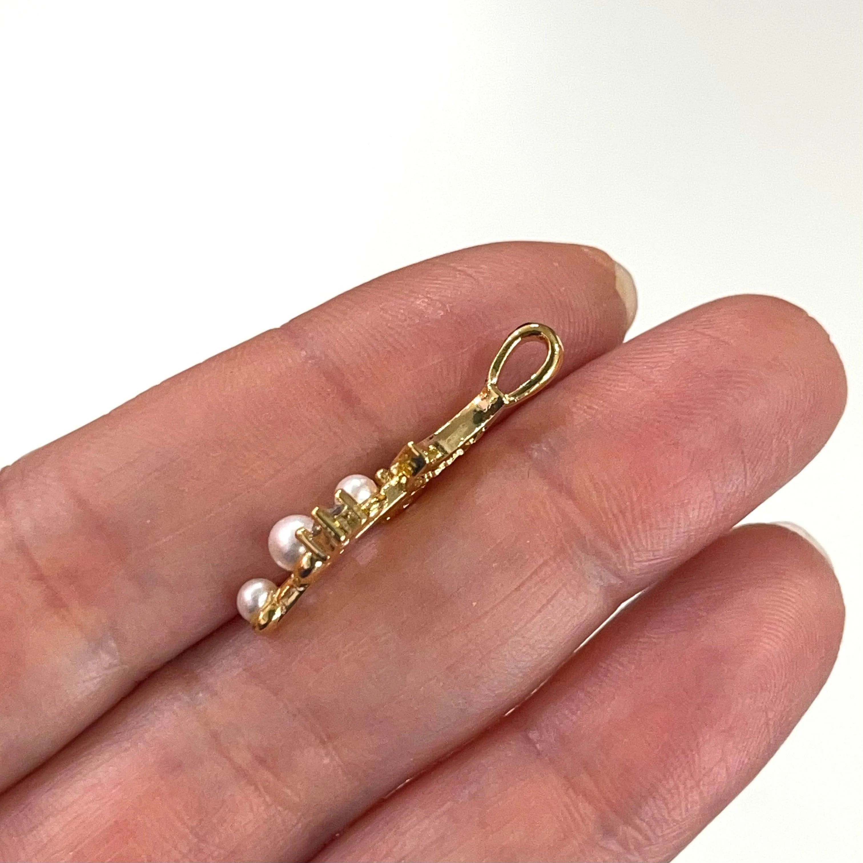 24Kt Gold Plated CZ Micro Paved Crescent With Star&Pearls Charm - Image 2