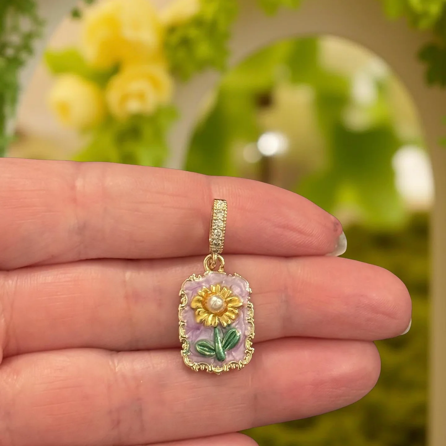 24Kt Gold Plated Floral Enamel Pendant with Pearl & CZ Pavé Bail