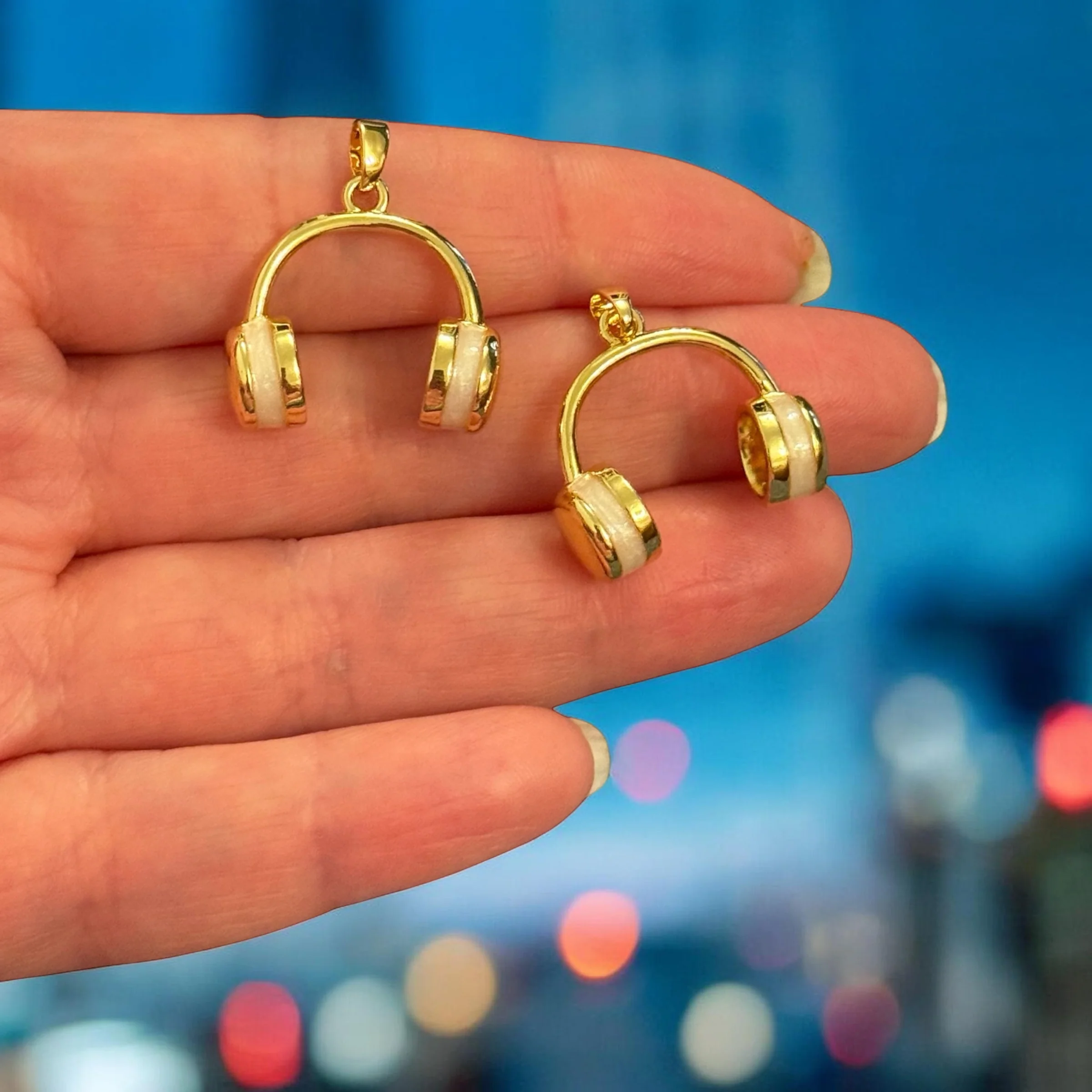 24Kt Gold Plated Headphones Charm – 3D Music Lover Pendant with Ivory Enamel, Brass