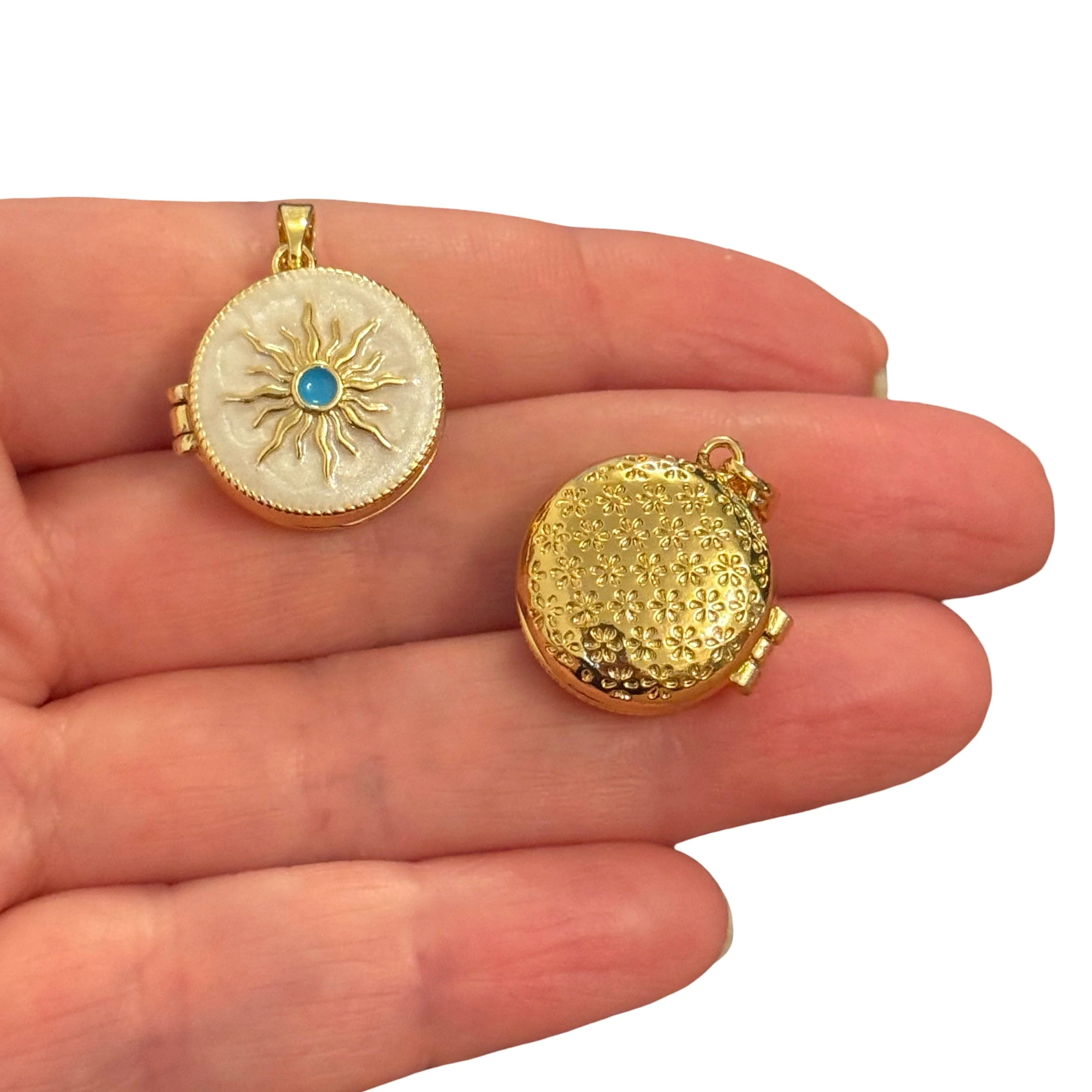 24Kt Gold Plated Ivory Enamel Sun Locket Pendant with Turquoise Center – Round Hinged Locket, Floral Back, Opens & Closes - Image 2