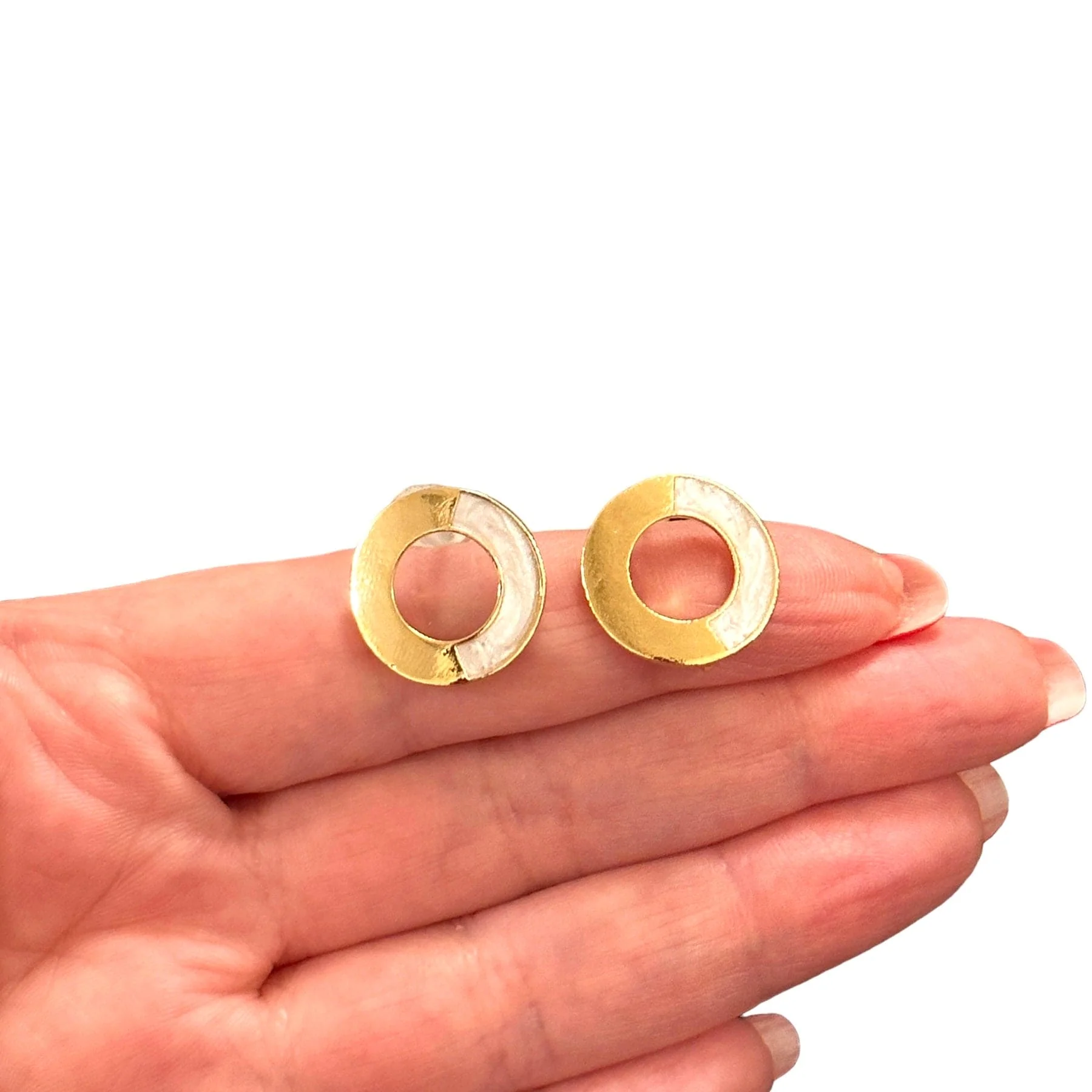 24Kt Gold Plated Ivory Enamelled Brass Stud Earrings, 2 pcs in a pack, - Image 4