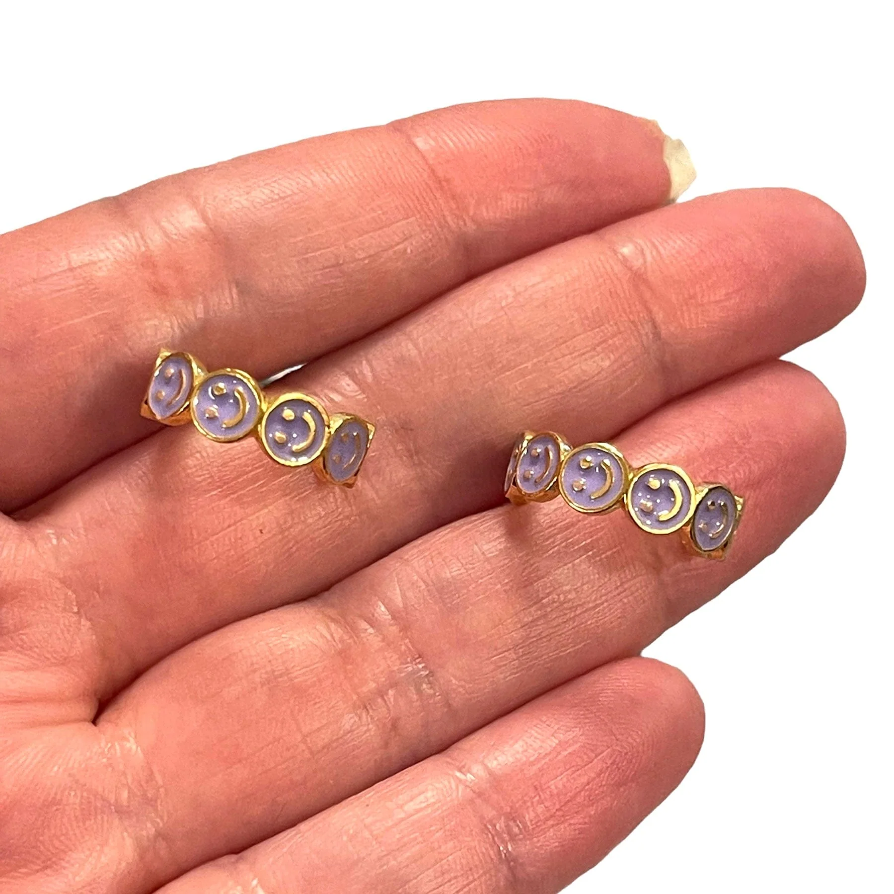 24Kt Gold Plated Lilac Enamelled Smiley Face Earrings - Image 2