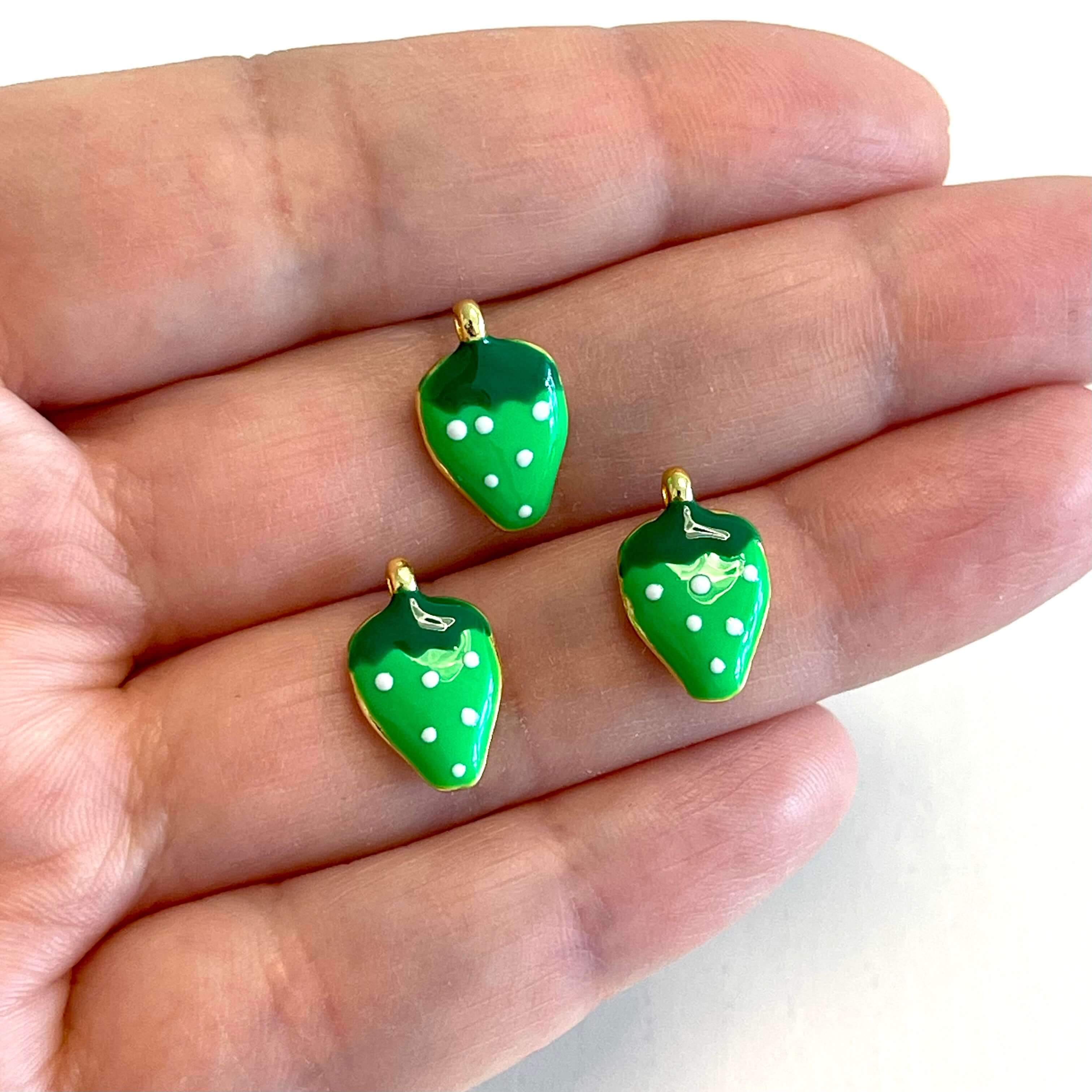 24Kt Gold Plated Neon Green Enamelled Strawberry Charms, 3 pcs in a pack