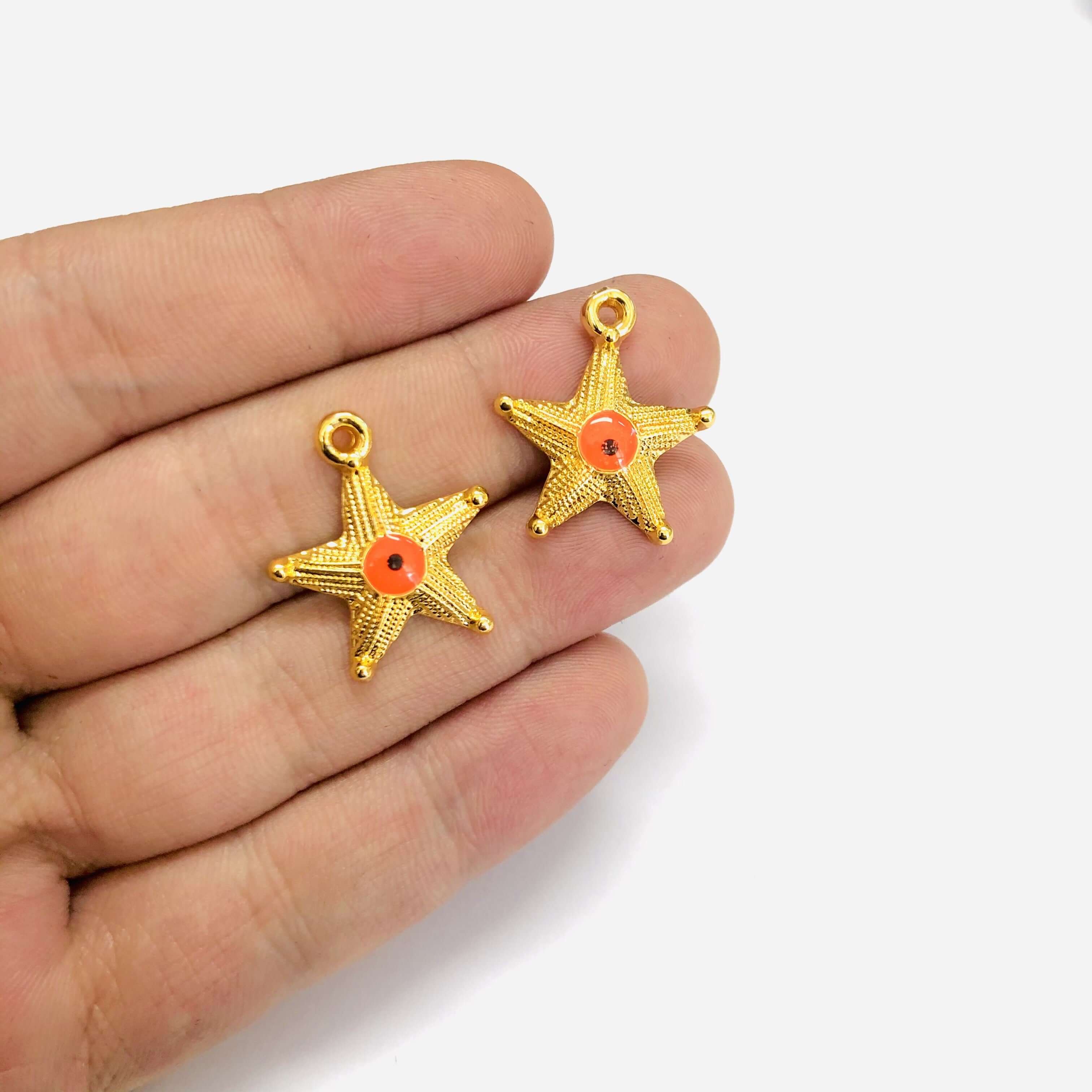 24Kt Gold Plated Starfish Orange Evil Eye Charms. 2 pcs in a pack