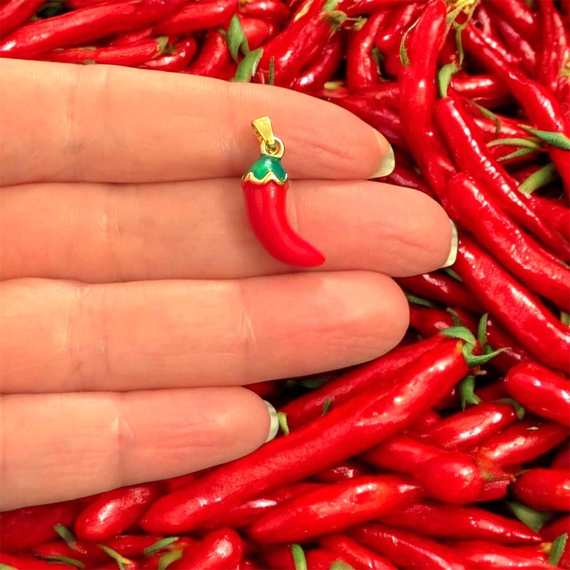 3D Red Chili Pepper Pendant – Enamelled Brass with 24Kt Gold Plated Bail