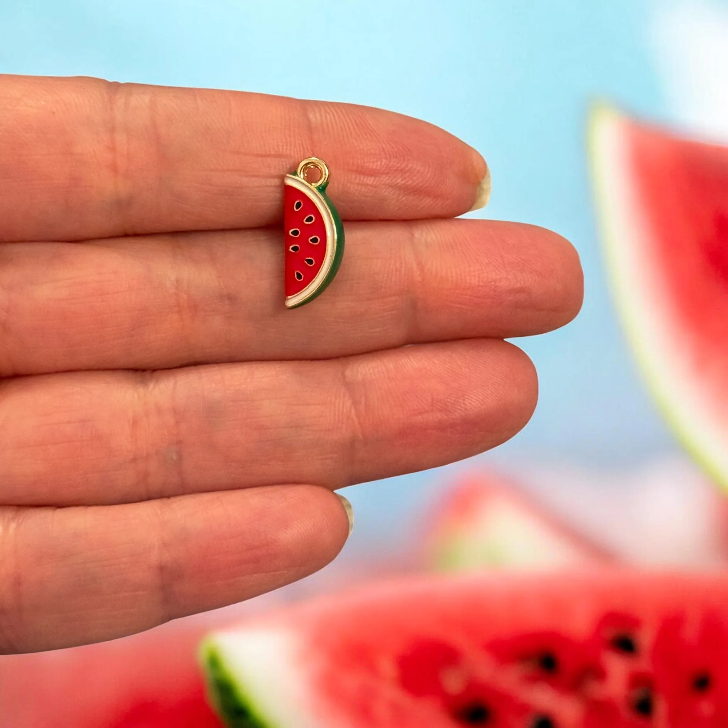3D Watermelon Slice Charm – 24K Gold Plated Enamel Pendant