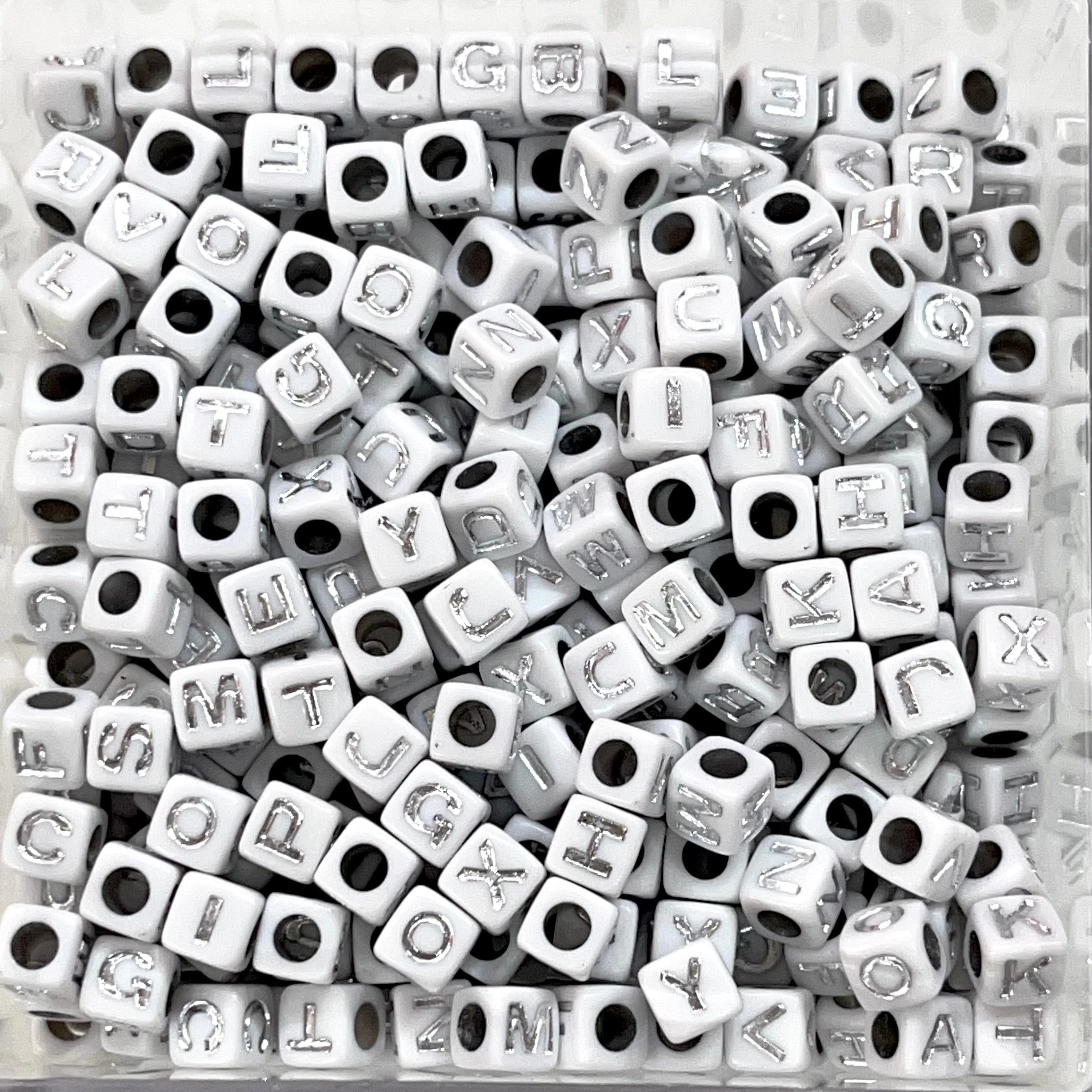 Acrylic cube white with silver letters beads for jewellery making,500 pcs pack