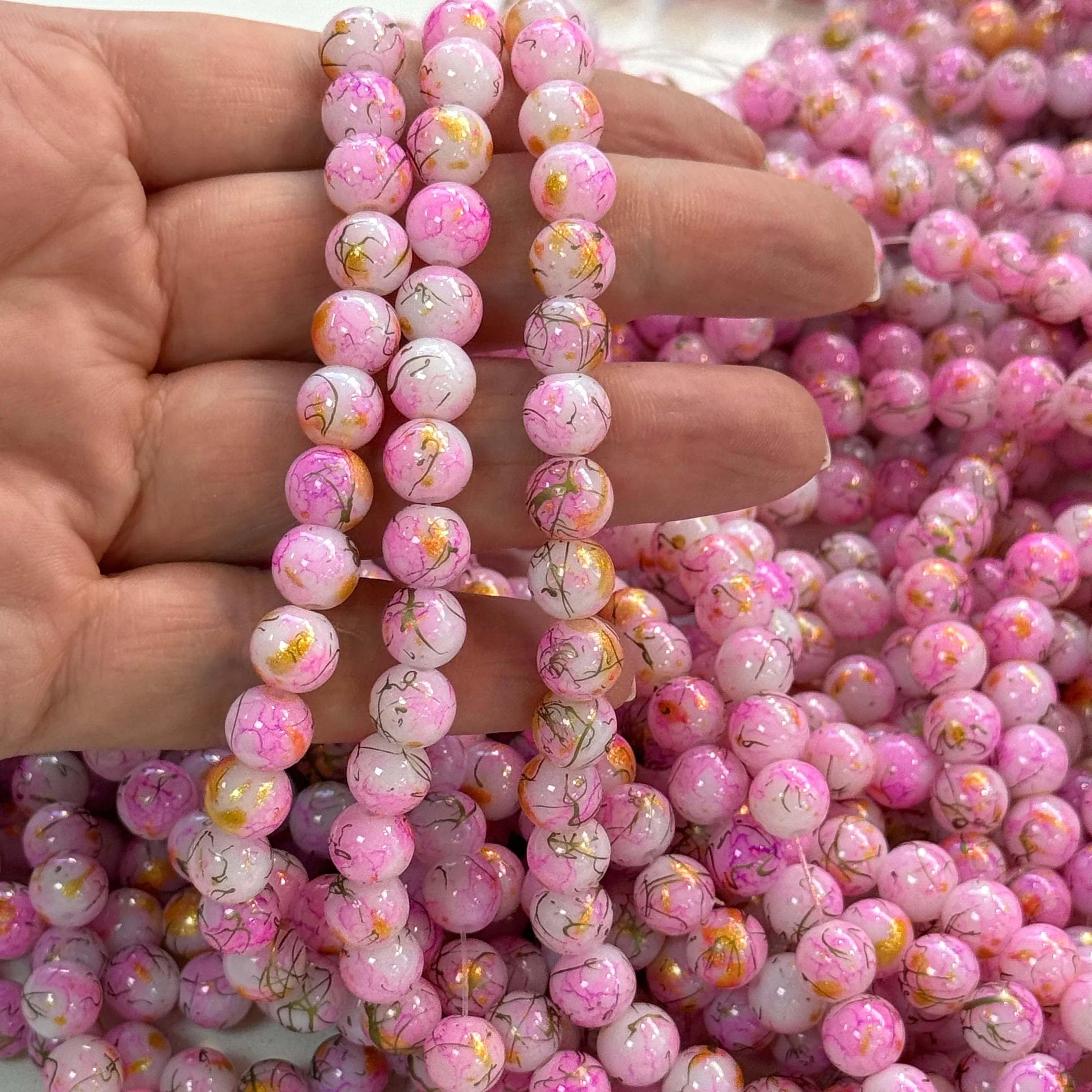 8mm Marbled glass beads, smooth round glass beads full strand 50 beads