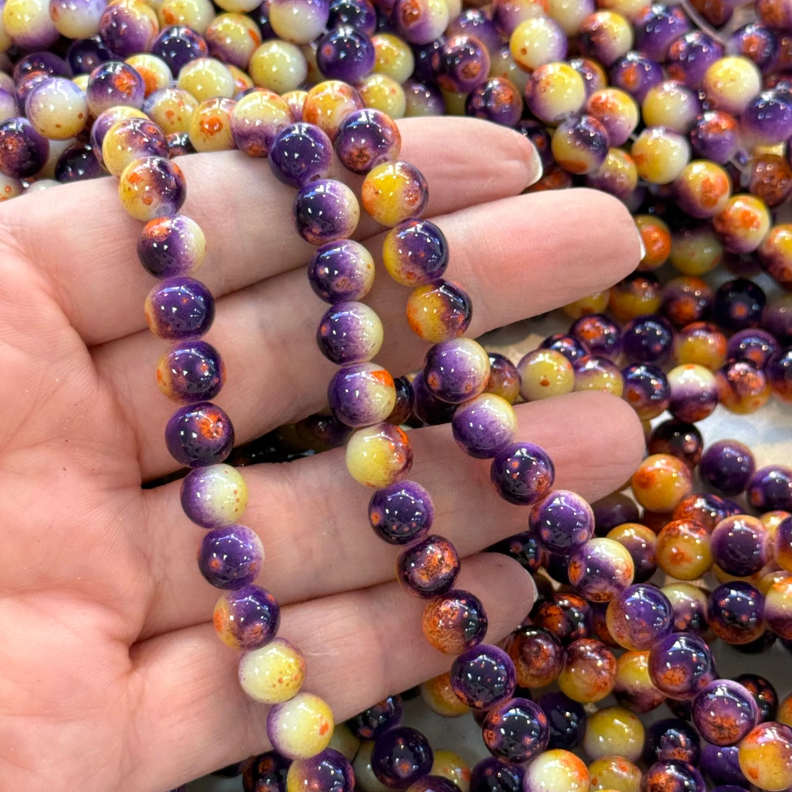 8mm Marbled glass beads, smooth round glass beads full strand 50 beads
