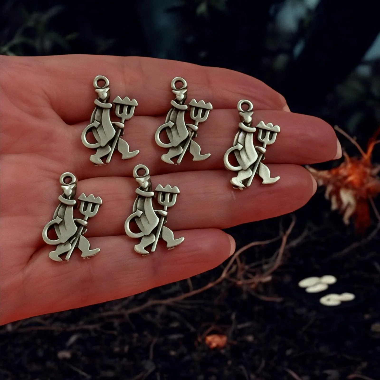 Antique Silver Plated Devil With Pitchfork Charms, Halloween Collection, 5 pcs in a pack