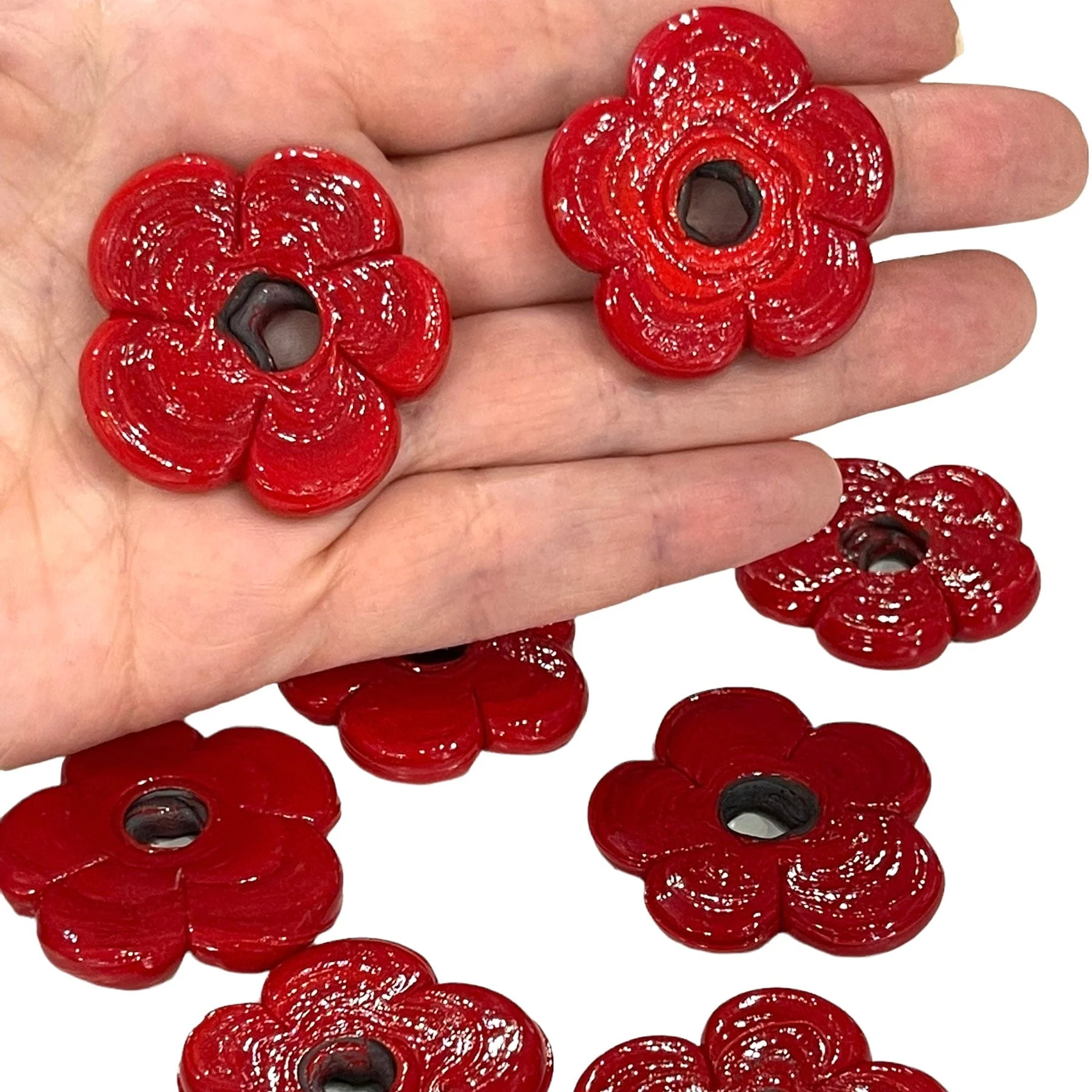 Artisan Handmade Chunky Red Glass Flower Beads, Size Between 35 - 40mm, 2 pcs in a pack - Image 4