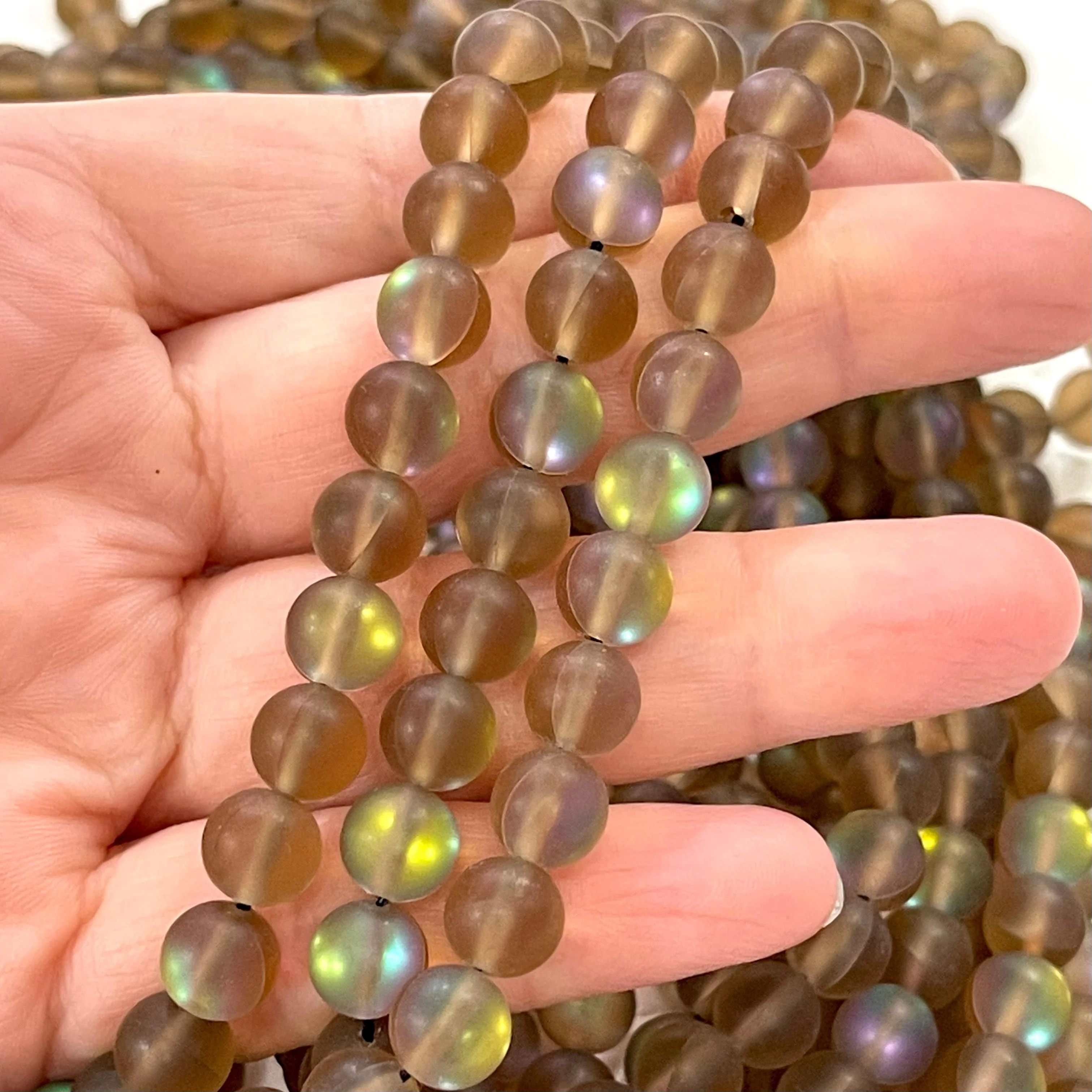 Aurora Borealis Bronze Mermaid Beads – Iridescent Matte Glass Beads 8mm, 47 Beads per Strand