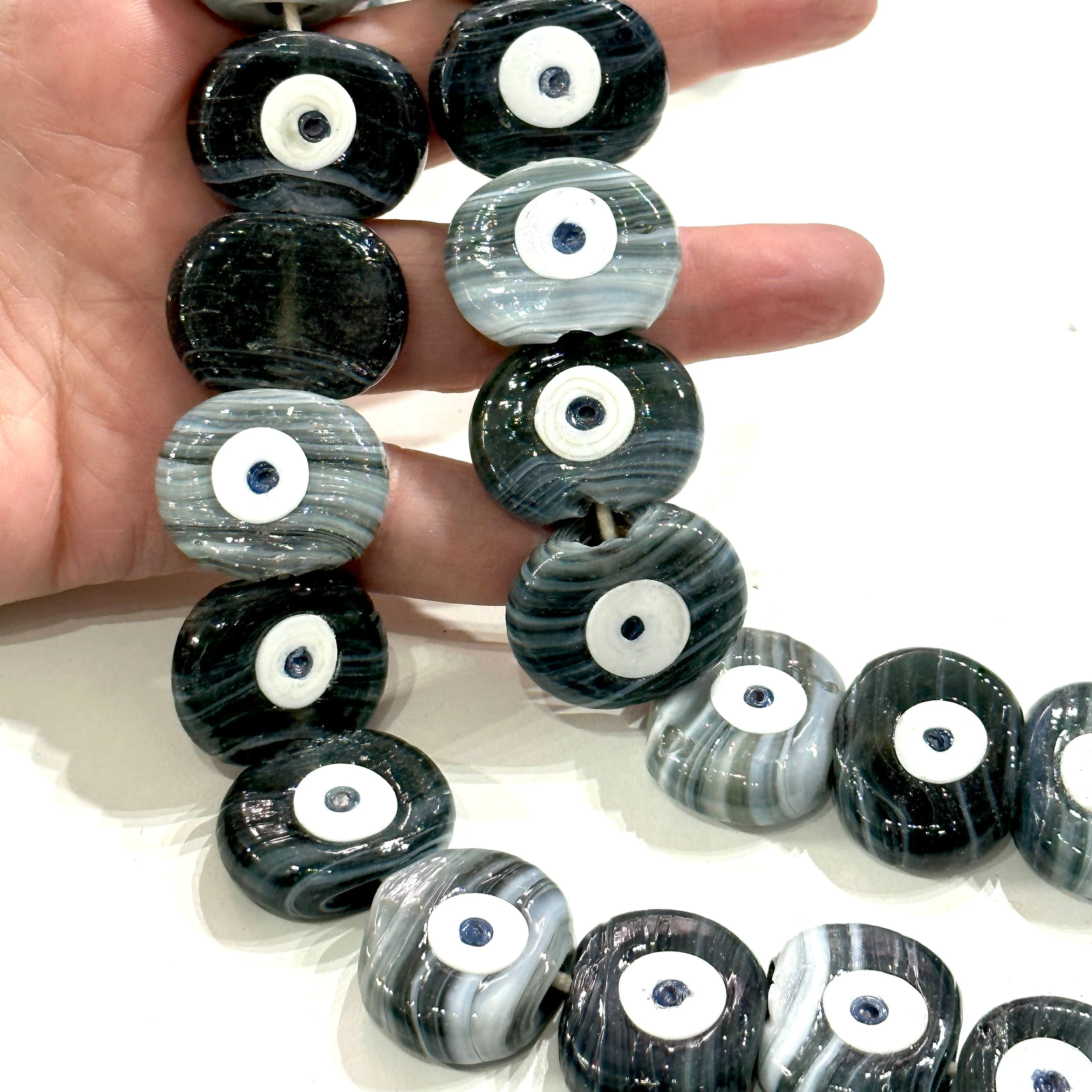 Traditional Turkish Artisan Handmade Glass Marbled Evil Eye Beads, Large Hole Evil Eye Glass Beads, 5 Beads per pack