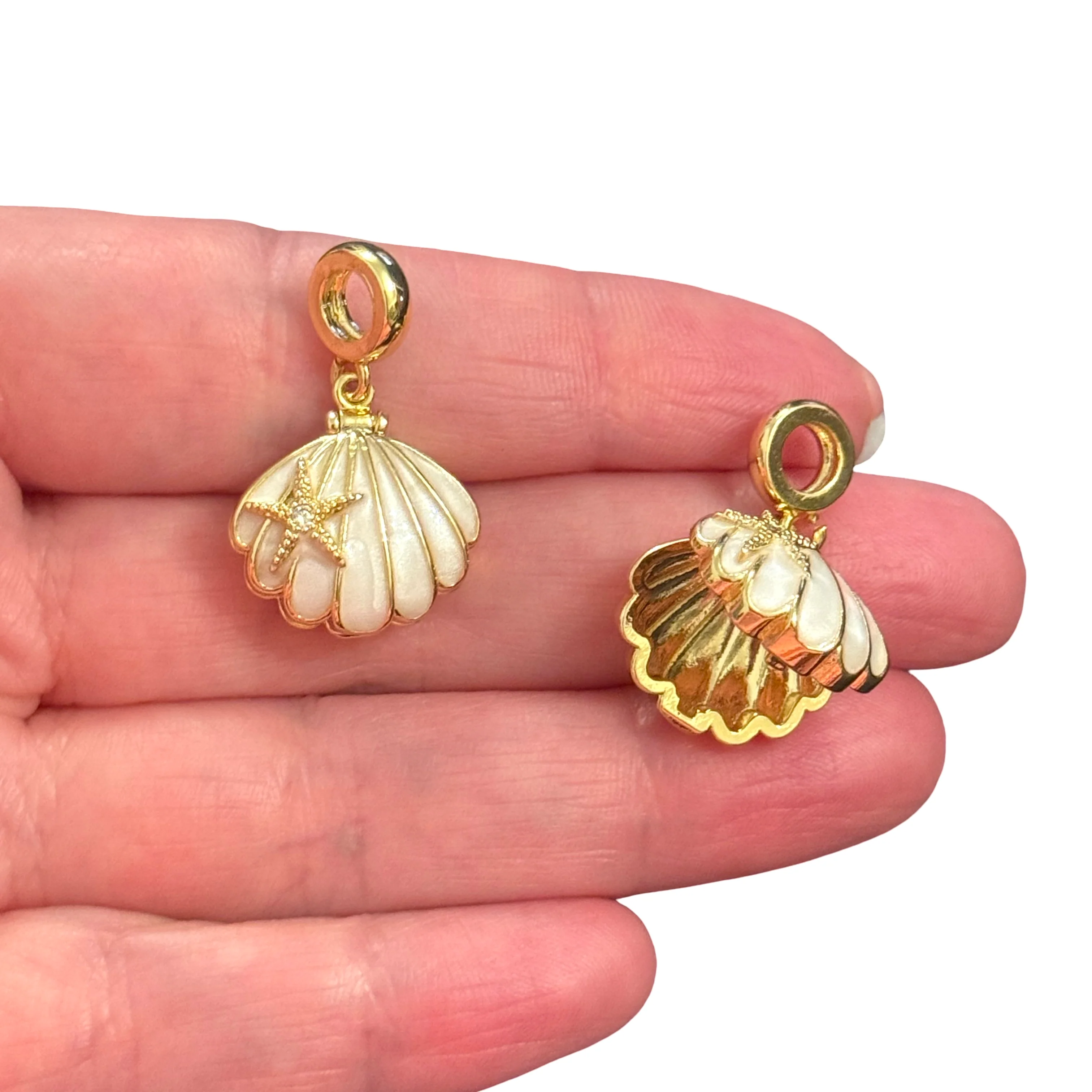 Gold Enamel Locket Shell Pendant with CZ Starfish – Ivory - Image 2