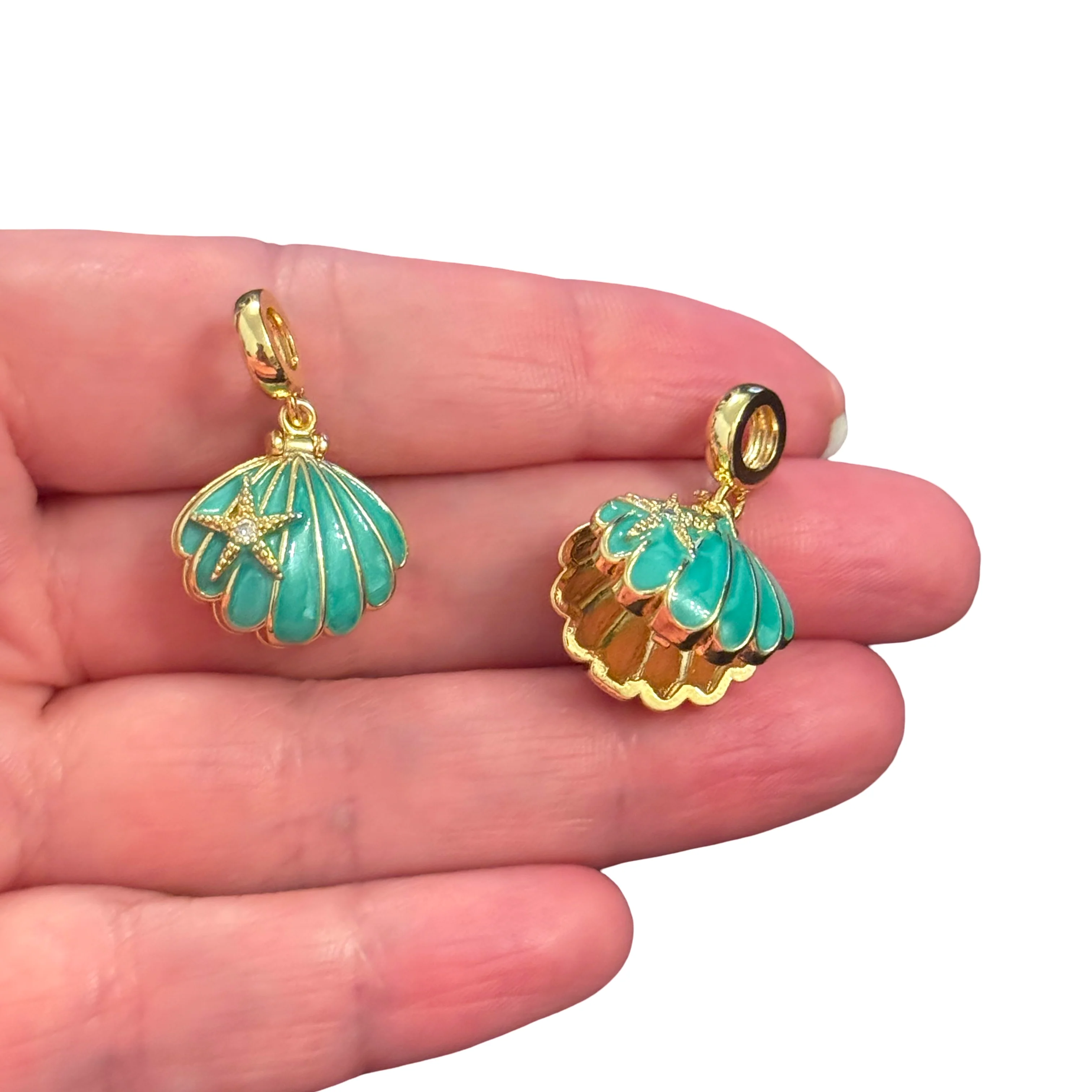 Gold Enamel Locket Shell Pendant with CZ Starfish – Turquoise - Image 2