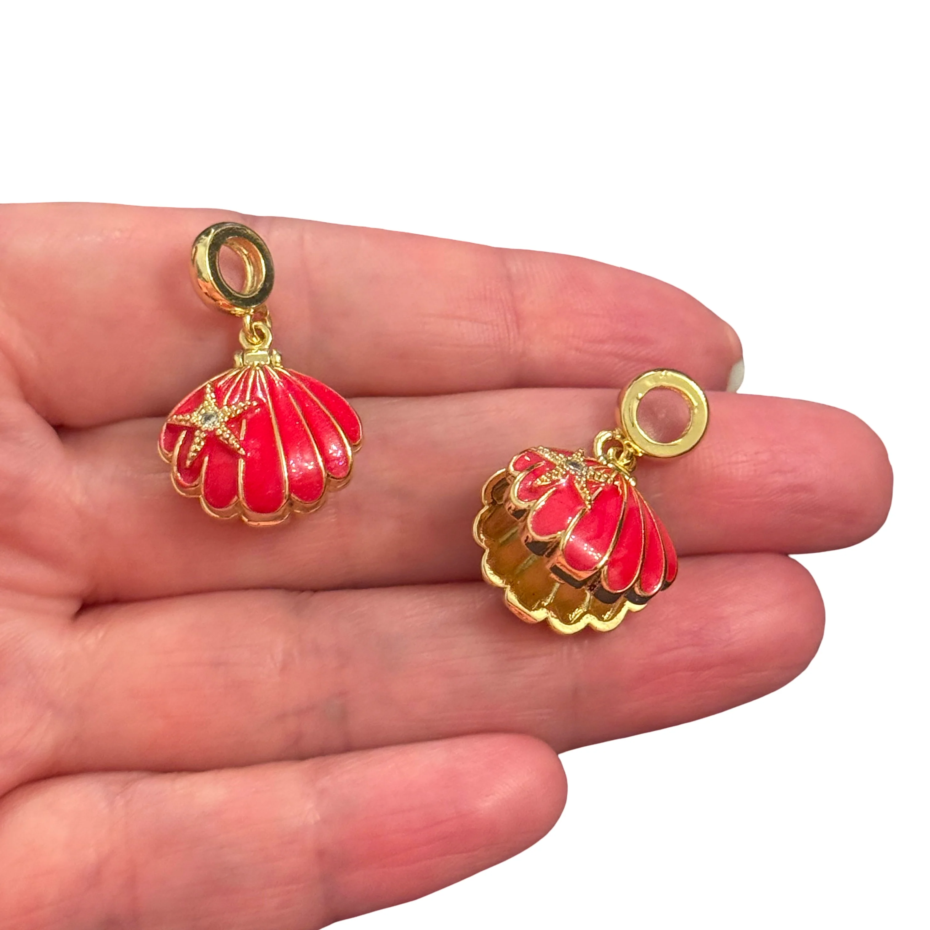 Gold Enamel Locket Shell Pendant with CZ Starfish – Vibrant Red - Image 2