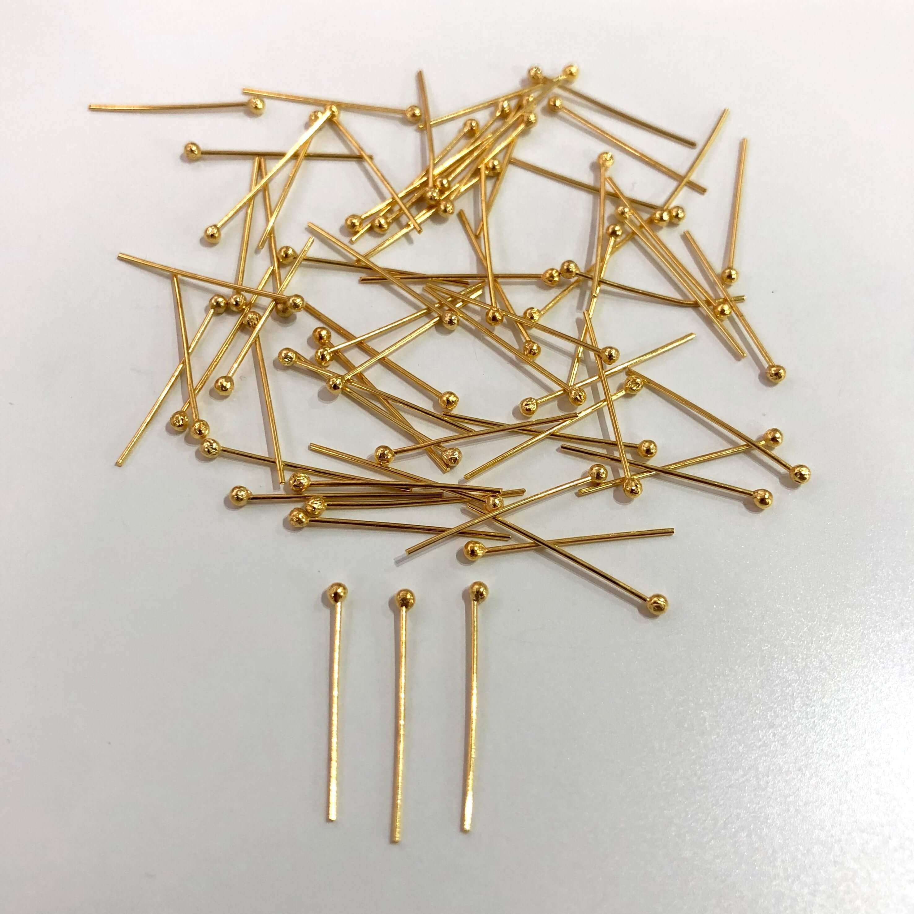 24Kt Gold Plated Ballpoint Headpins, 0.5mm by 20mm, 24Kt Gold Plated Brass Ball Head Pins - Image 2