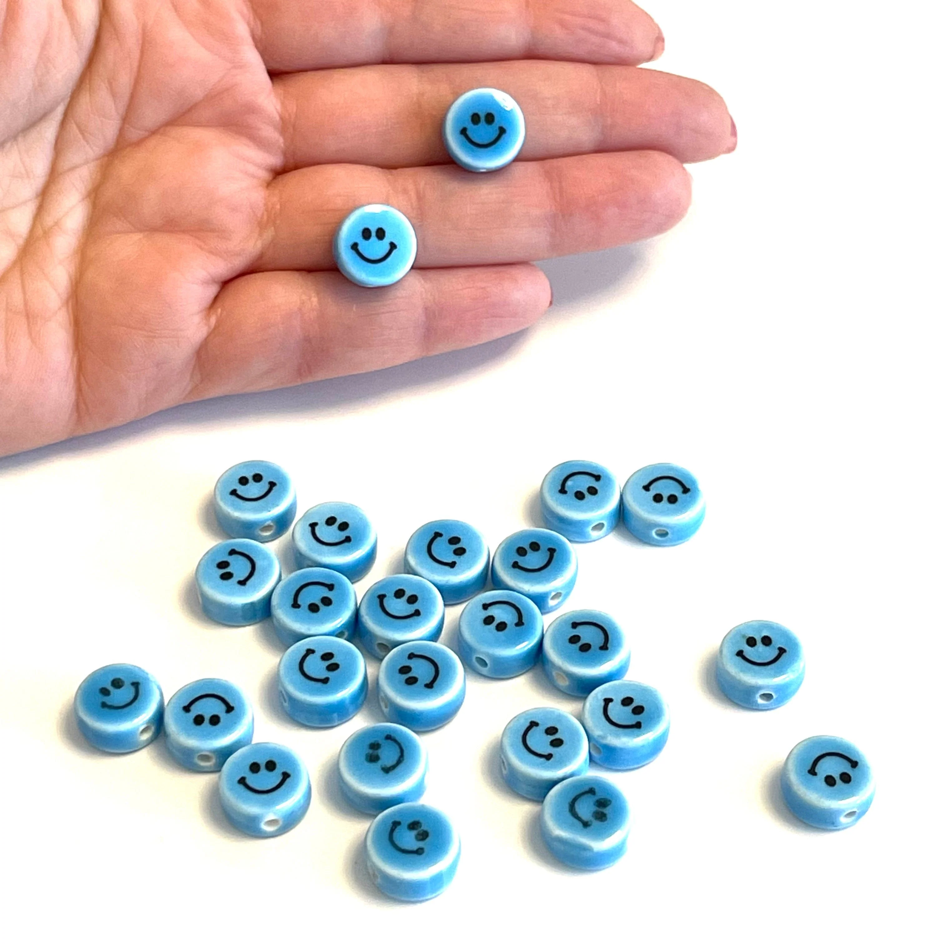 Hand Made Ceramic Blue Smiley Face Flat Round Double-Sided Charms, 5 pcs in a pack