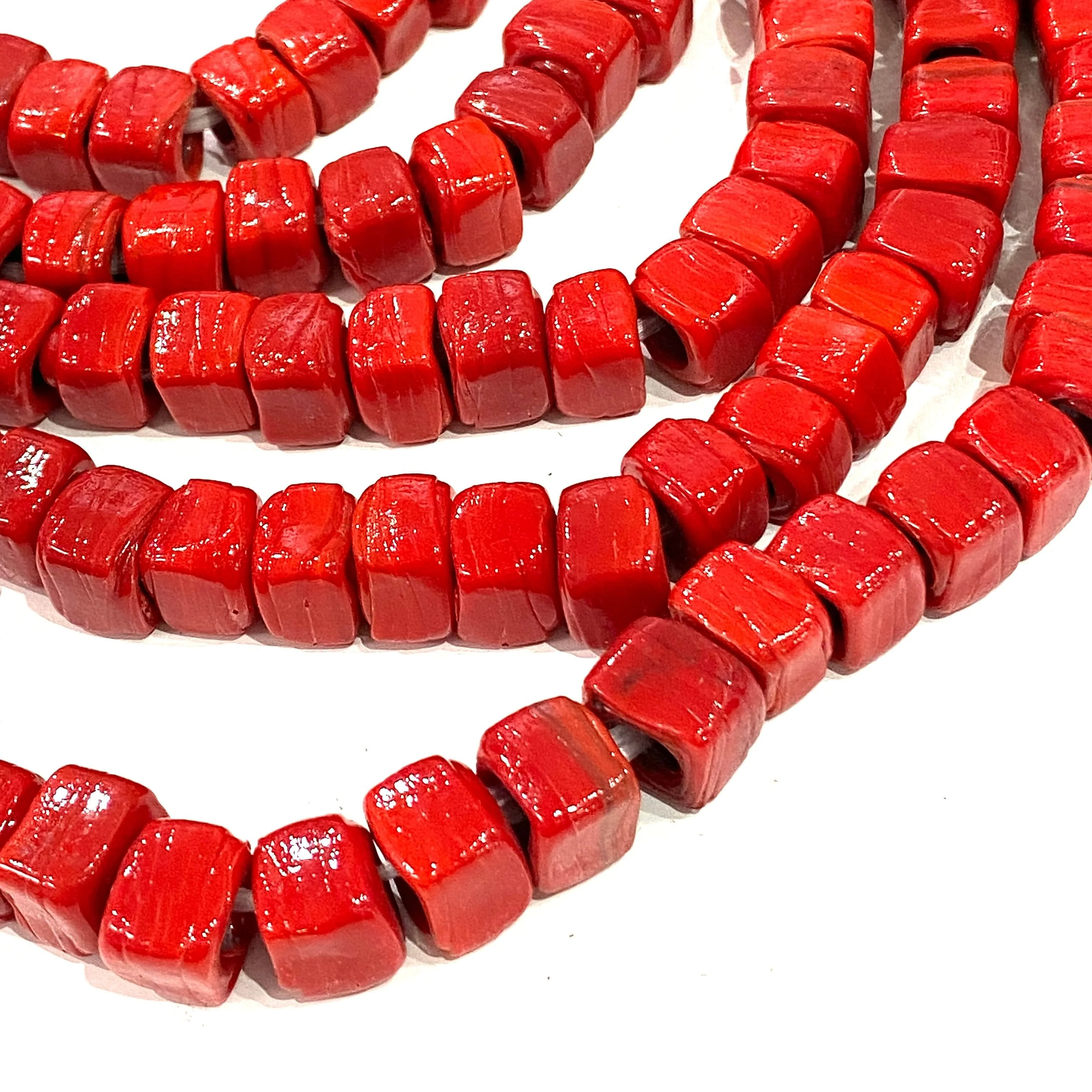 Hand Made Glass Cube Beads, Large Hole Traditional Lampwork Glass Beads, 10 Beads-RED - Image 3