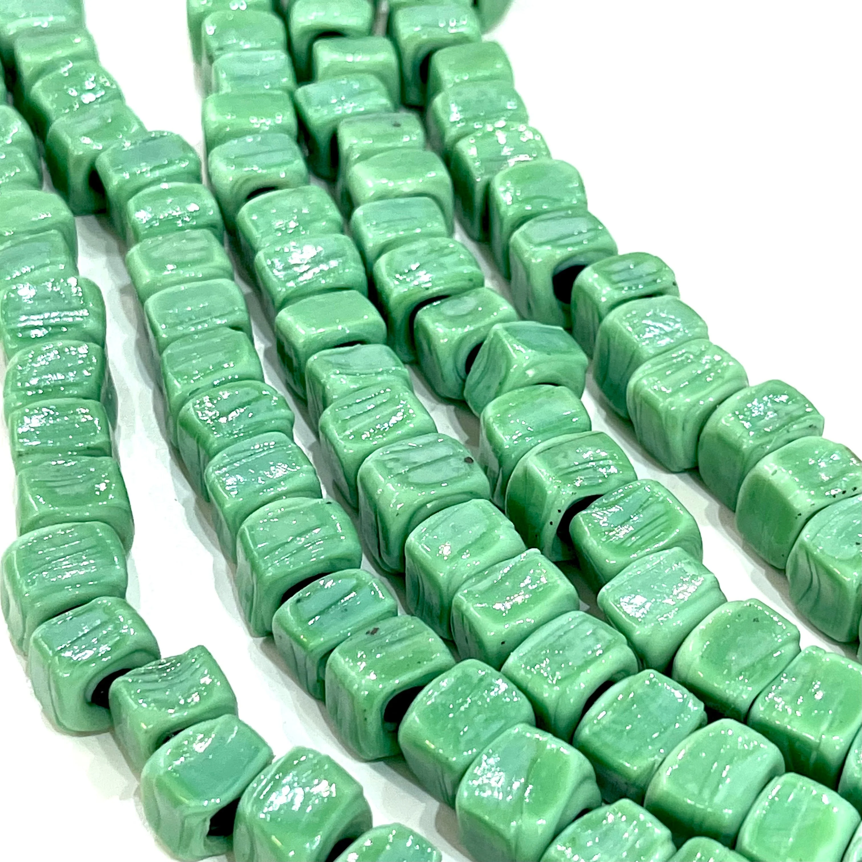 Hand Made Glass Cube Beads, Large Hole Traditional Lampwork Glass Beads, 10 Beads-MINT - Image 2