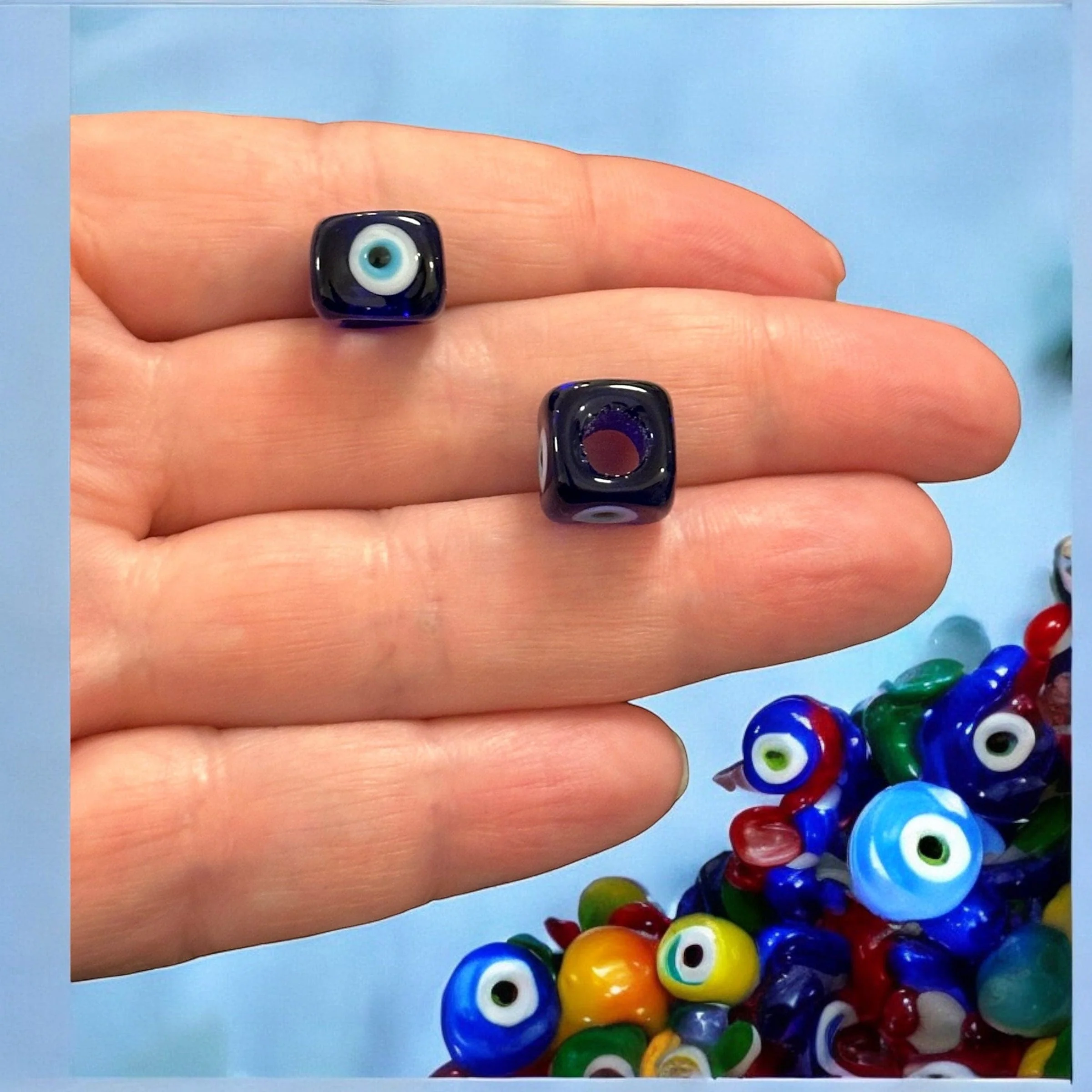 Hand Made Murano Glass Square Beads Featuring 4-Side Evil Eye, 2 pcs in a pack