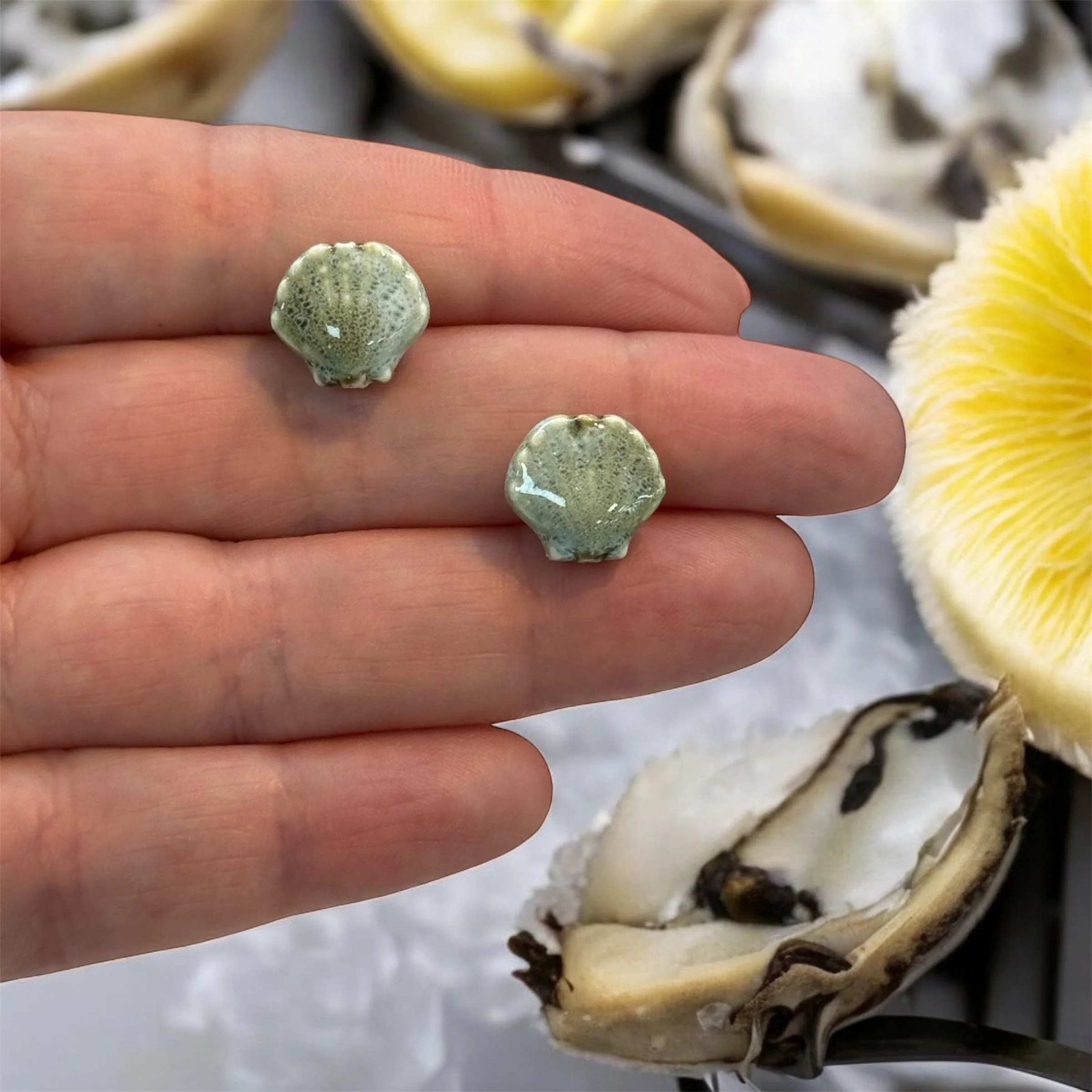 Handmade Ceramic Oyster Shell Beads – Set of 2, Light Green
