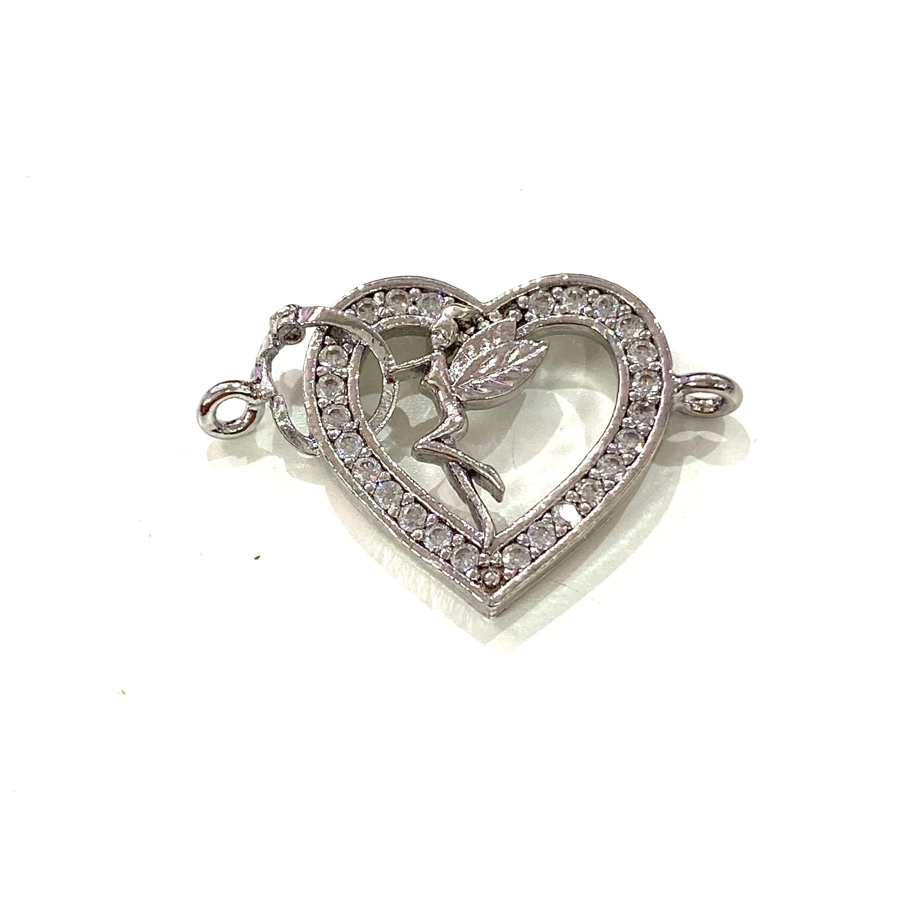 Heart&Tinkerbell Double Loop Silver Plated Charms, Bracelet Charms, Connector Charms
