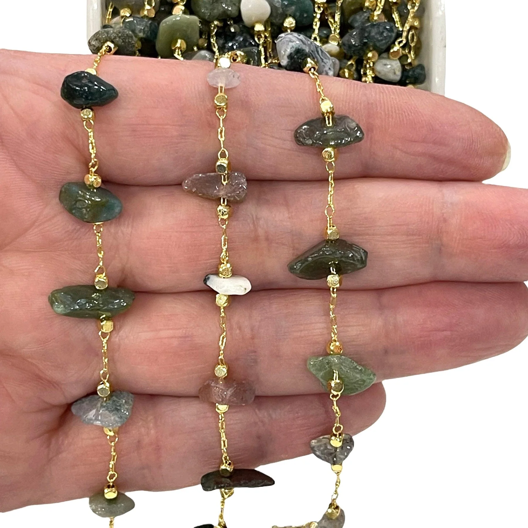 Indian Agate Rosary Chain, 24Kt Gold Plated Gemstone Chain, - Image 2