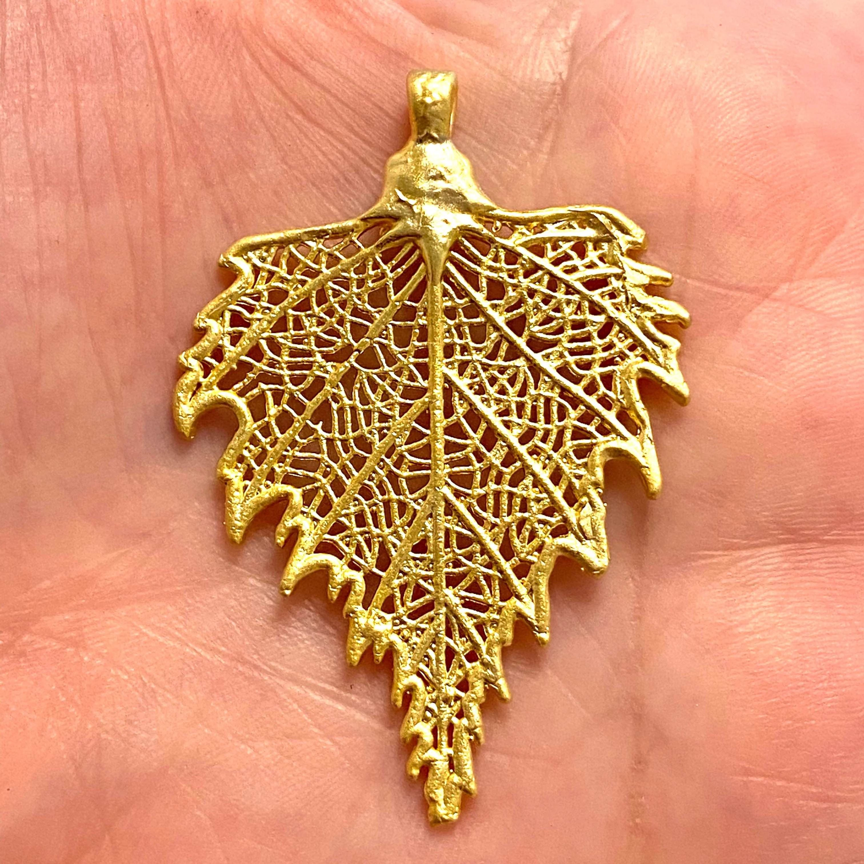 Large Gold Leaf Pendant, 24Kt Matte Gold Plated Brass Leaf