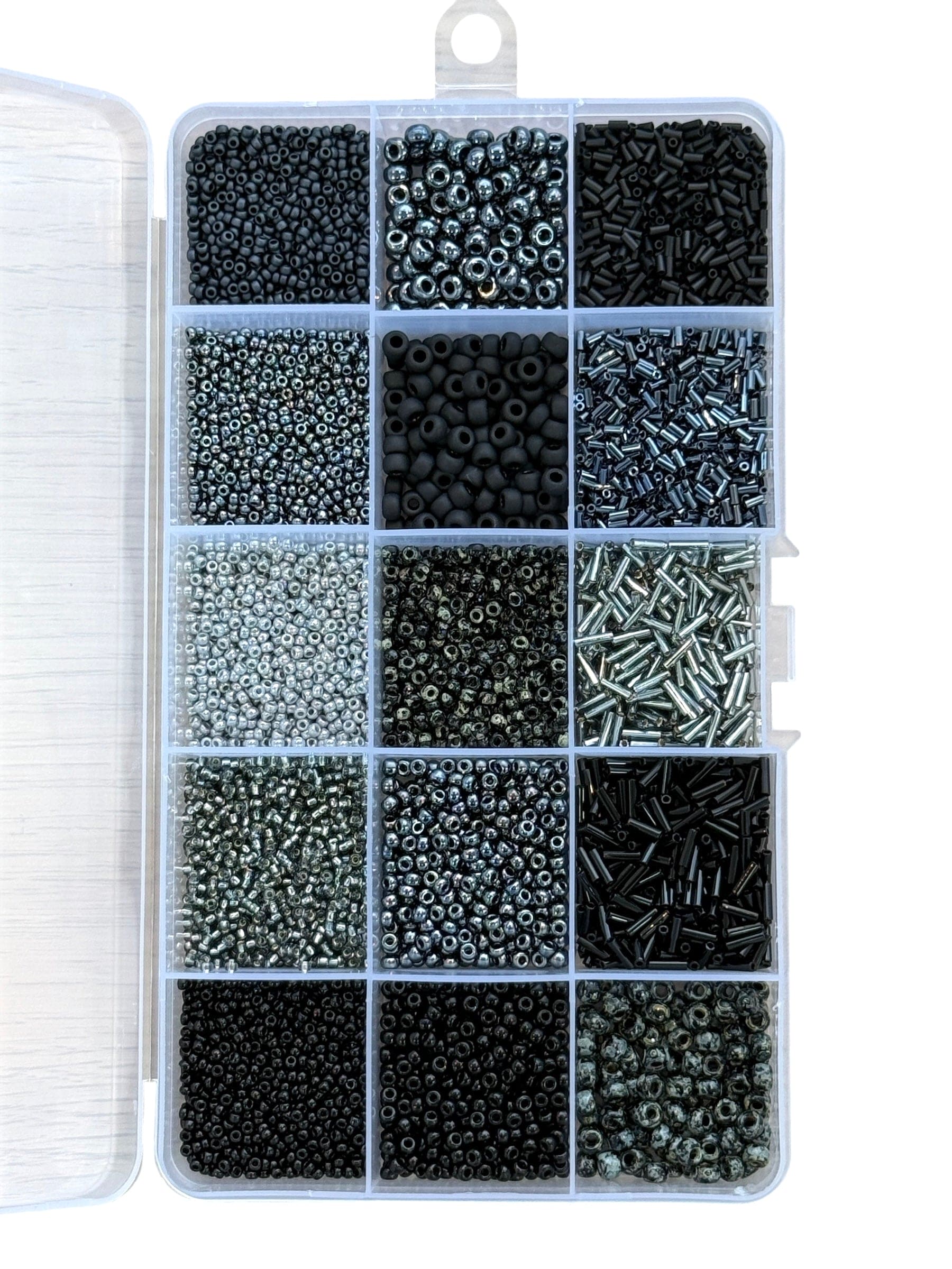 Miyuki Monochrome Elegance Set – Black, Grey & Gunmetal Beads & Bugles in Organizer Box 15 Colors - Image 3