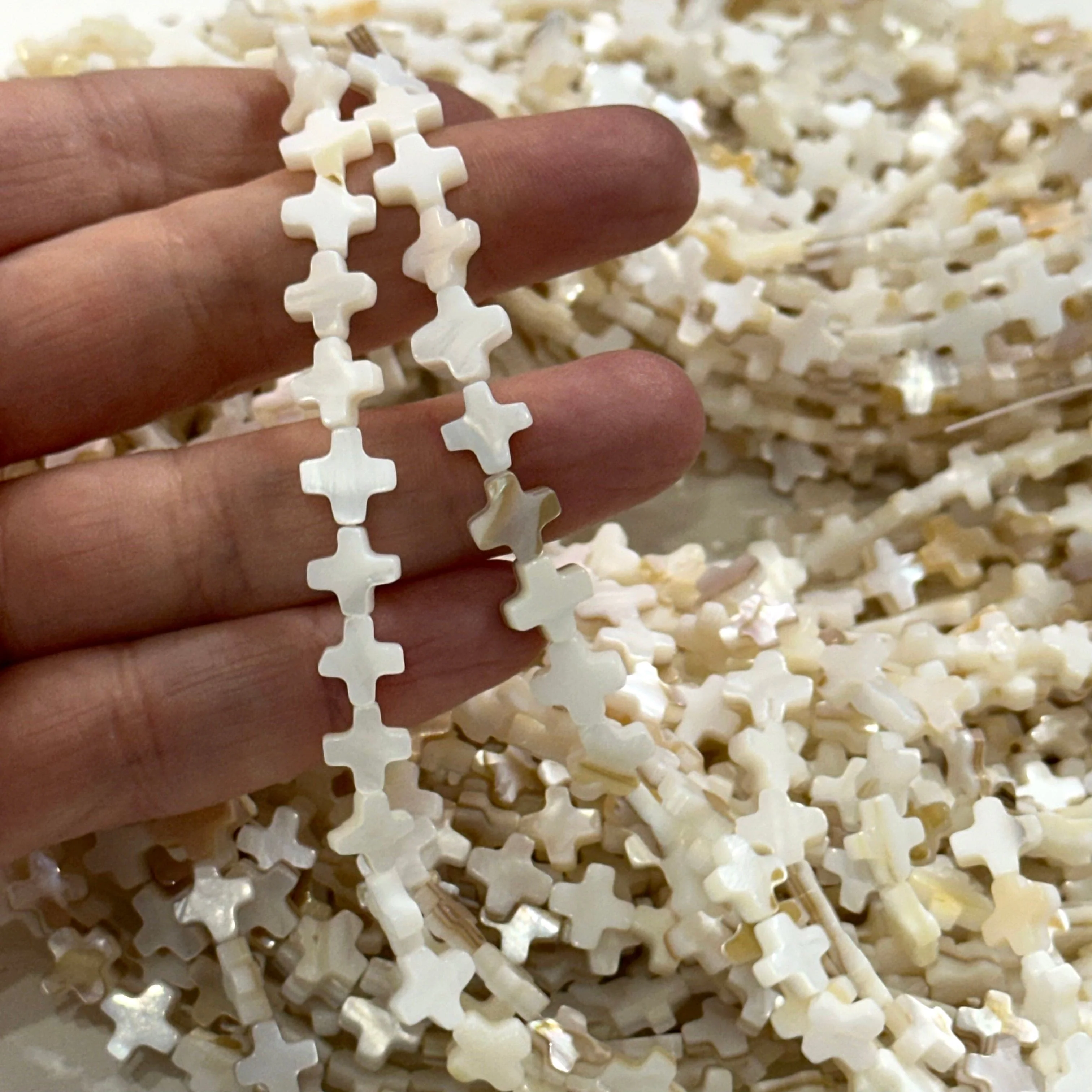 Mother Of Pearl Cross 8mm Beads, Natural Mother of Pearl Cross, 47 Beads Strand