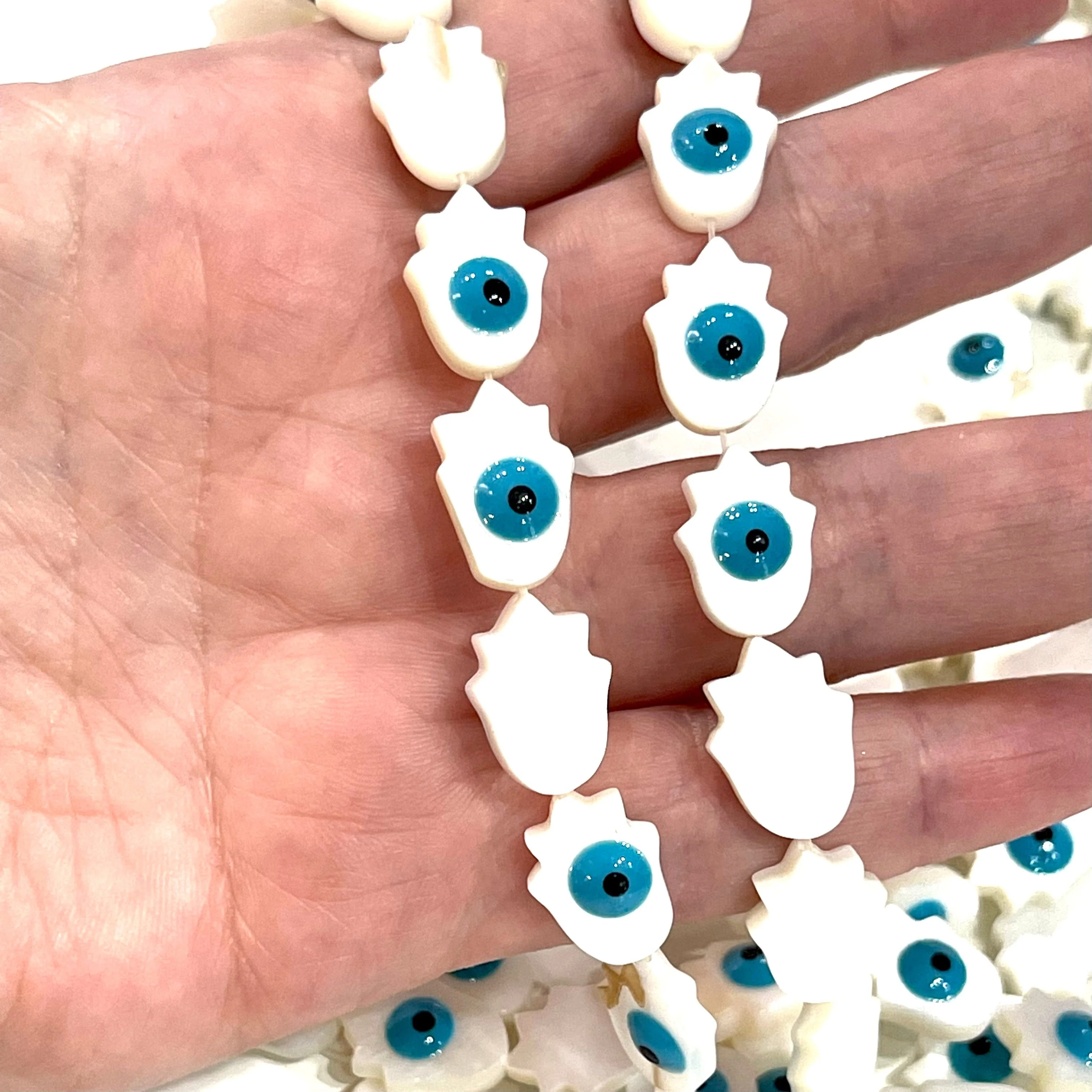 Mother Of Pearl Natural Hamsa Beads With Evil Eye, Holes Through Top, 5 Beads in a pack - Image 3