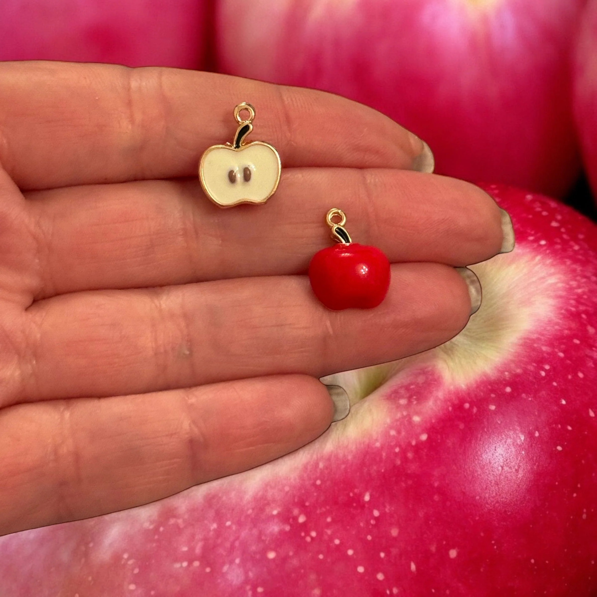 Red Apple Charm – 3D Enamel Fruit Pendant with Cut Side Detail (15x12x6mm) | 24Kt Gold Plated Brass
