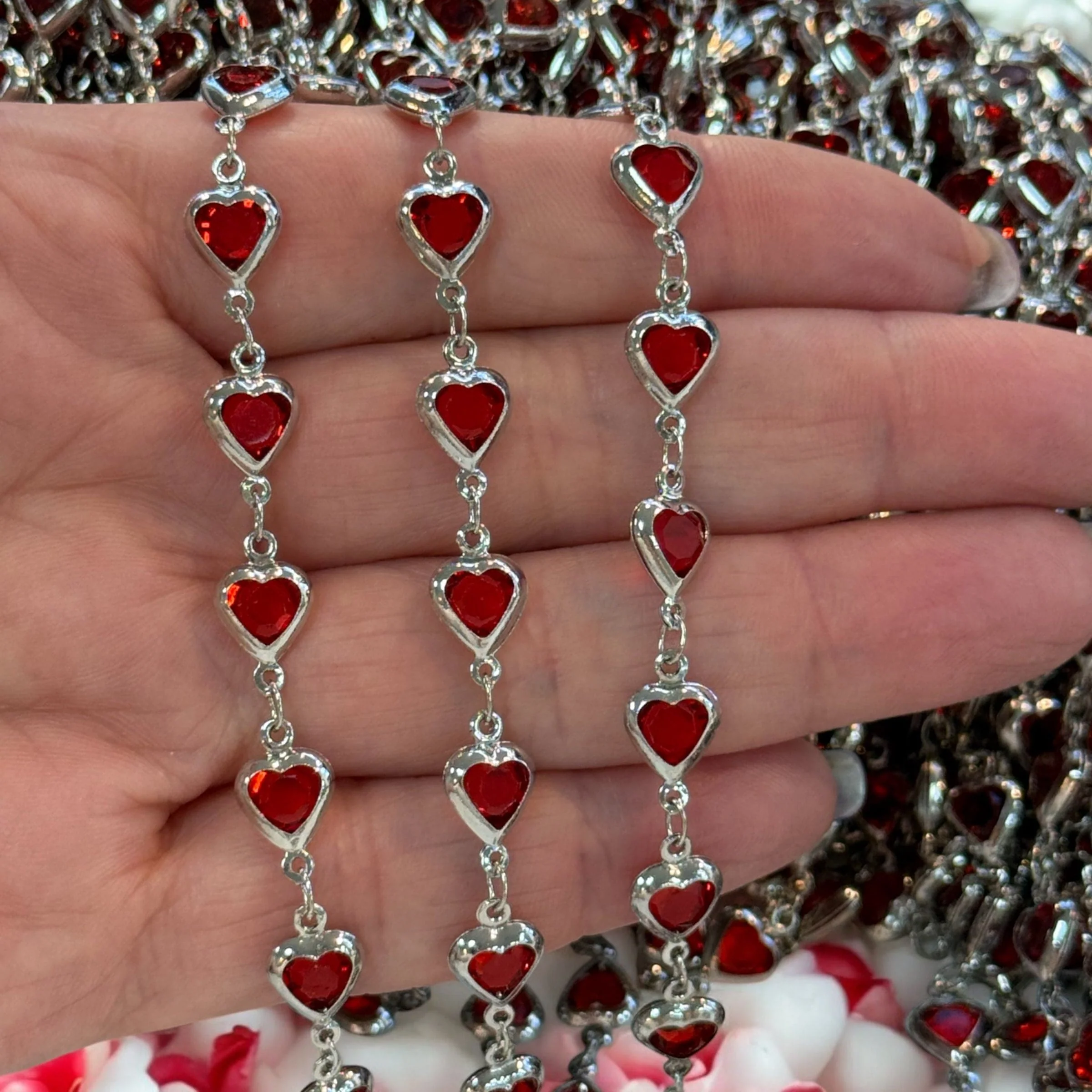 Rhodium Plated CZ Red Heart Chain – Vertical Link Design