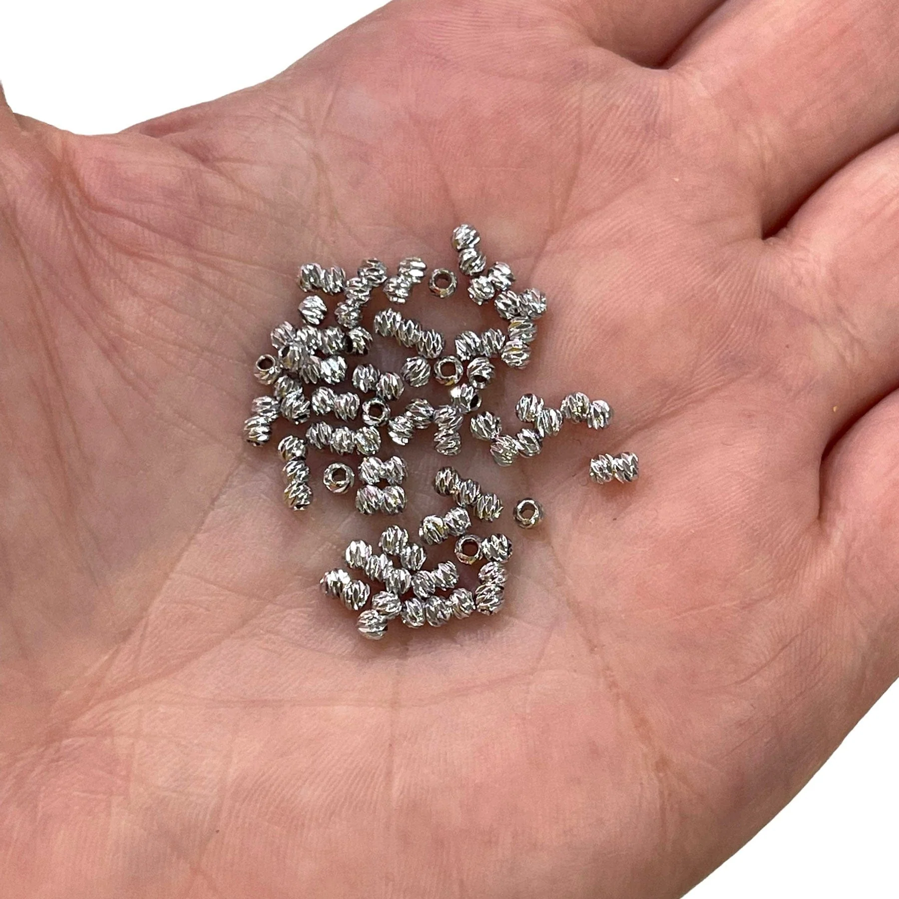 Rhodium Plated Laser Cut 2mm Spacer Beads, Rhodium Plated 2mm Dorica Spacer Beads, 100 beads in a pack
