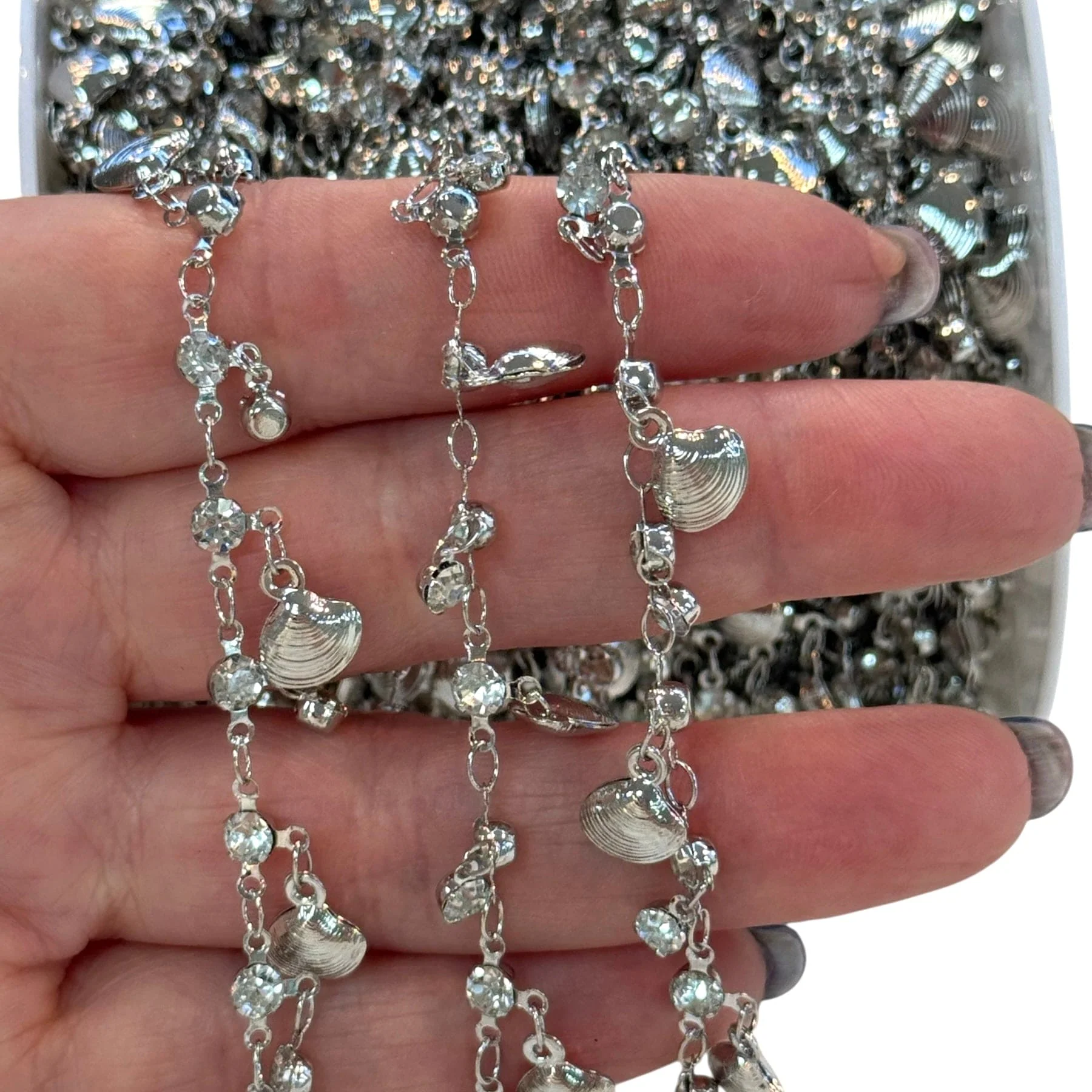 Rhodium Plated Shell & Crystal Charm Chain - Image 3