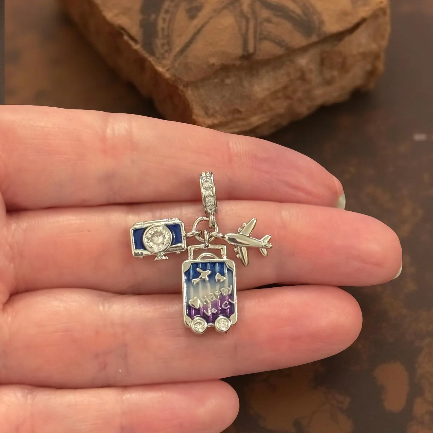 Rhodium Plated Travel Charm with CZ Accents – Suitcase, Camera & Airplane
