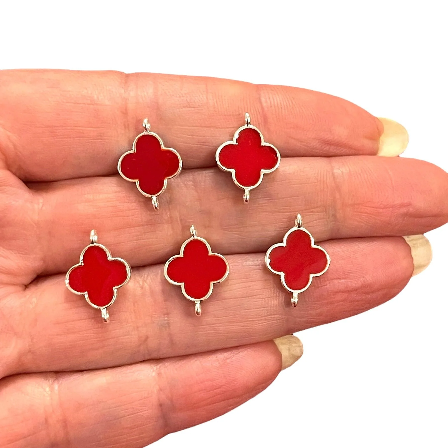 Silver Plated Red Enamelled Clover Connector Charms, 5 pcs in a pack