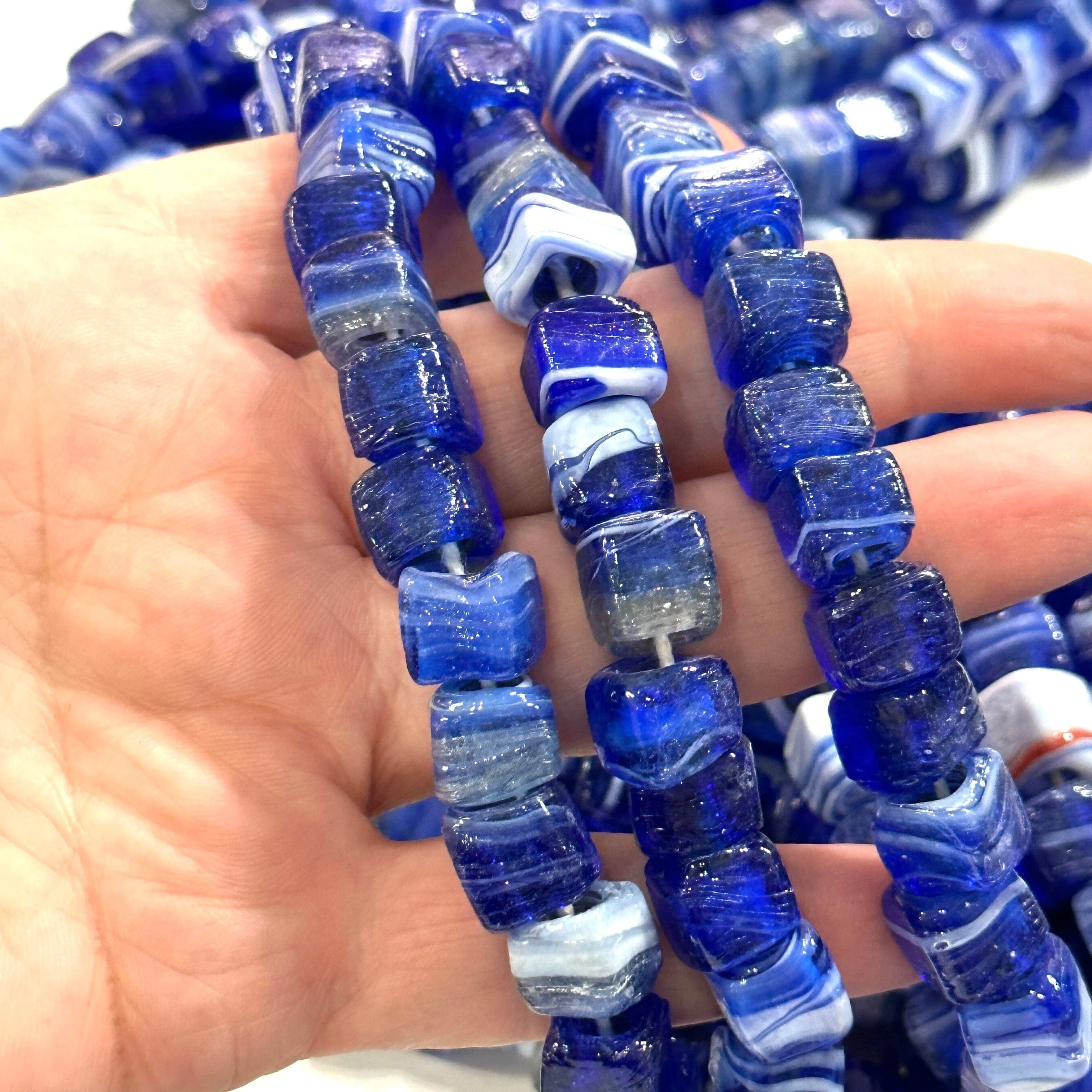 Traditional Turkish Artisan Handmade Cube Glass Beads, Large Hole Glass Beads, 25 Beads in a pack - Image 2