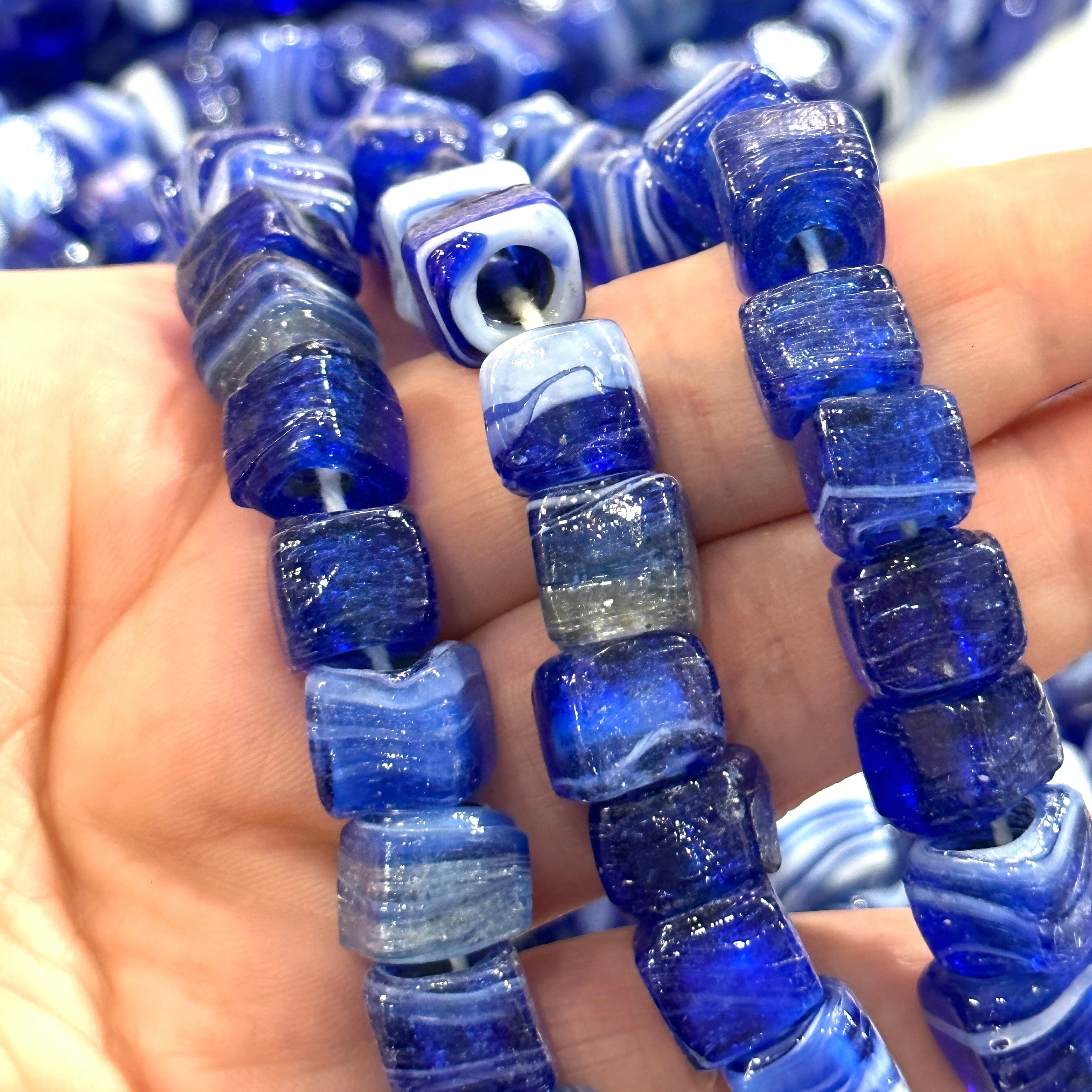 Traditional Turkish Artisan Handmade Cube Glass Beads, Large Hole Glass Beads, 25 Beads in a pack - Image 3